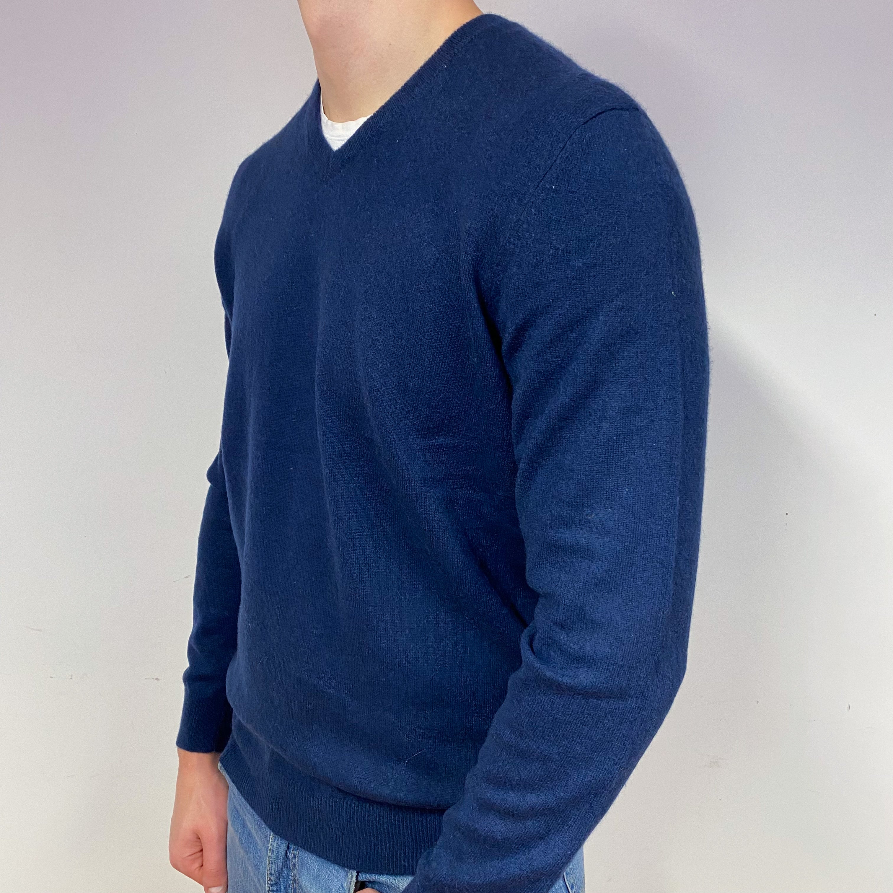Men's Navy Blue Cashmere V-Neck Jumper Extra Large