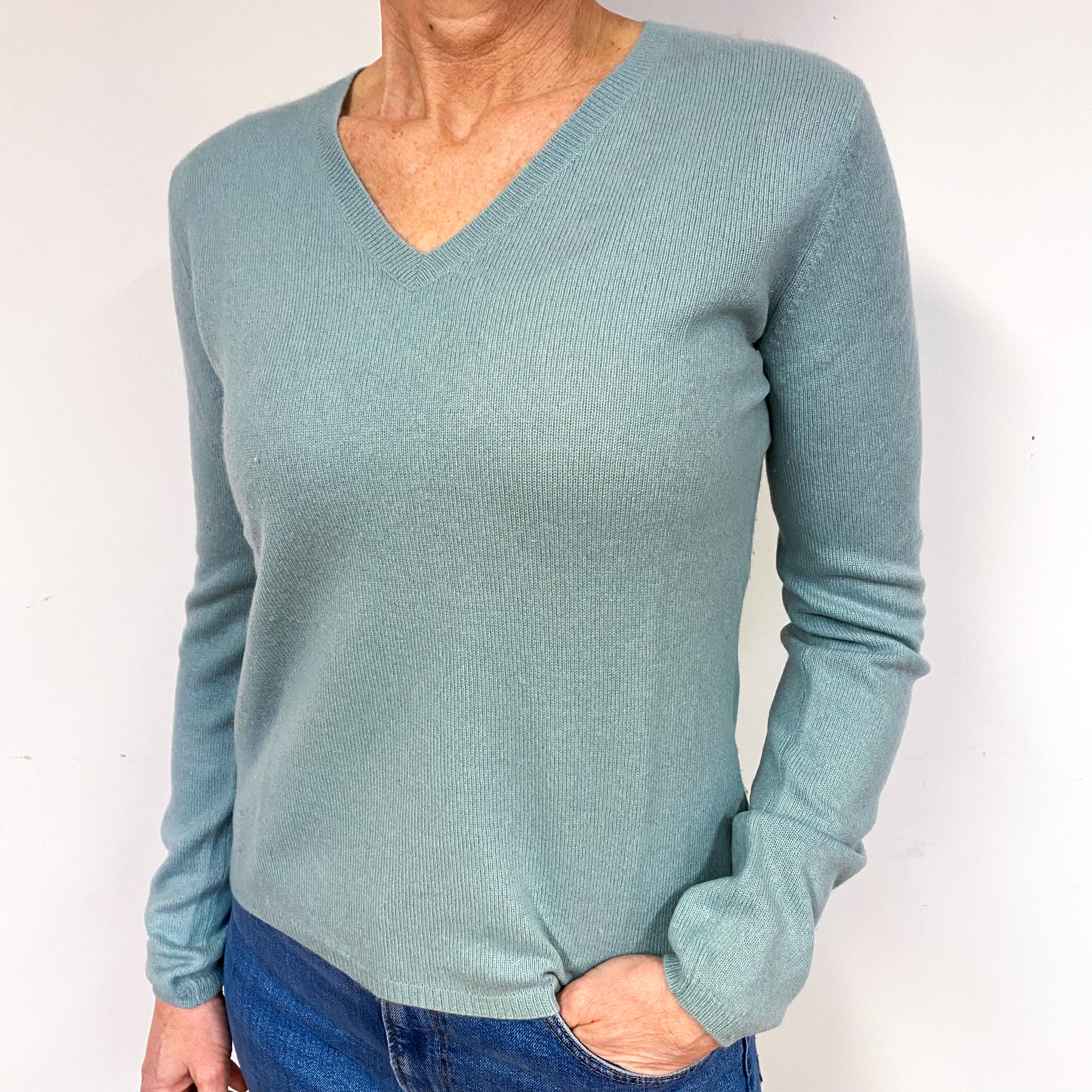 Duck Egg Green Cashmere V-Neck Jumper Medium
