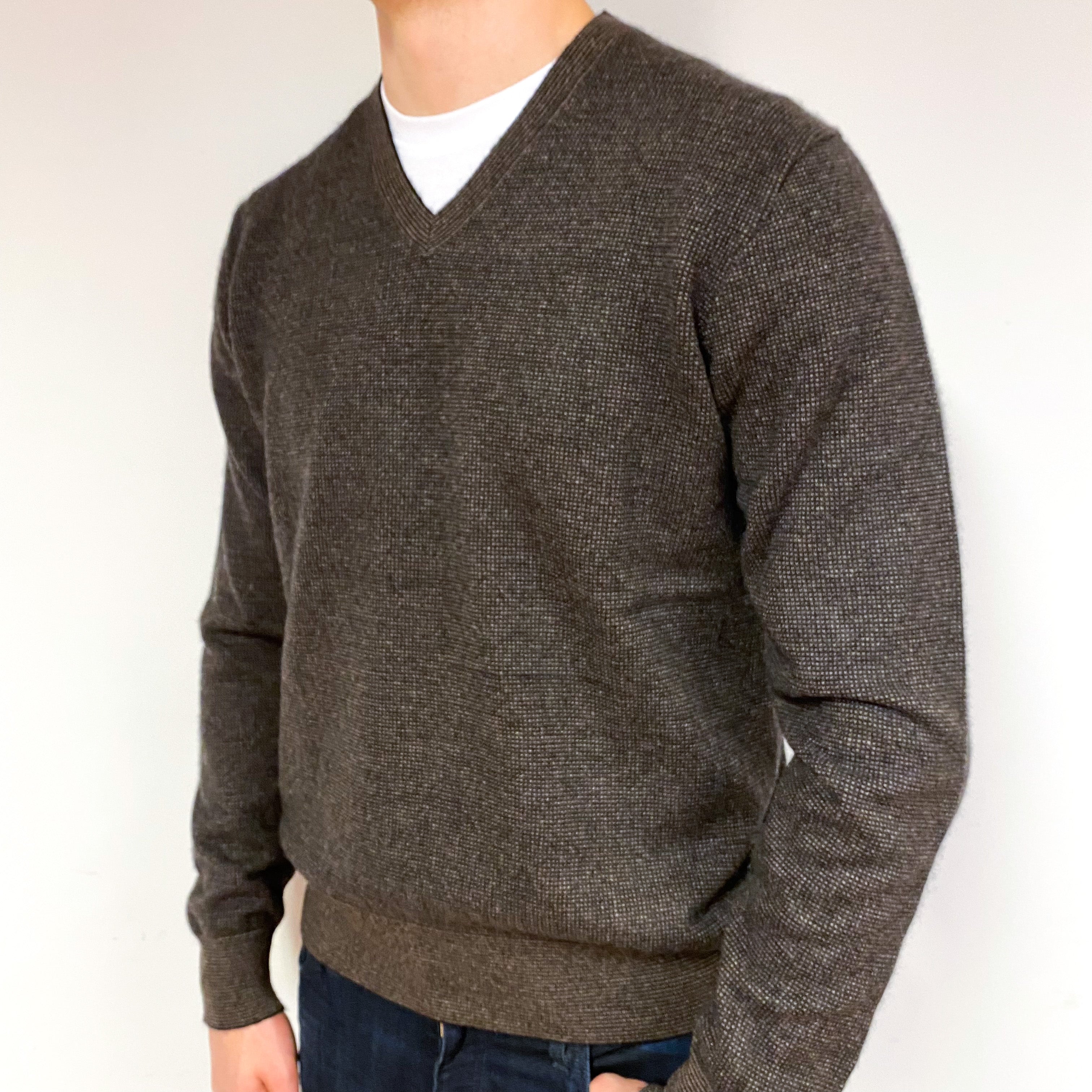 Men's Brown Black Two Tone Cashmere V-Neck Jumper Extra Large