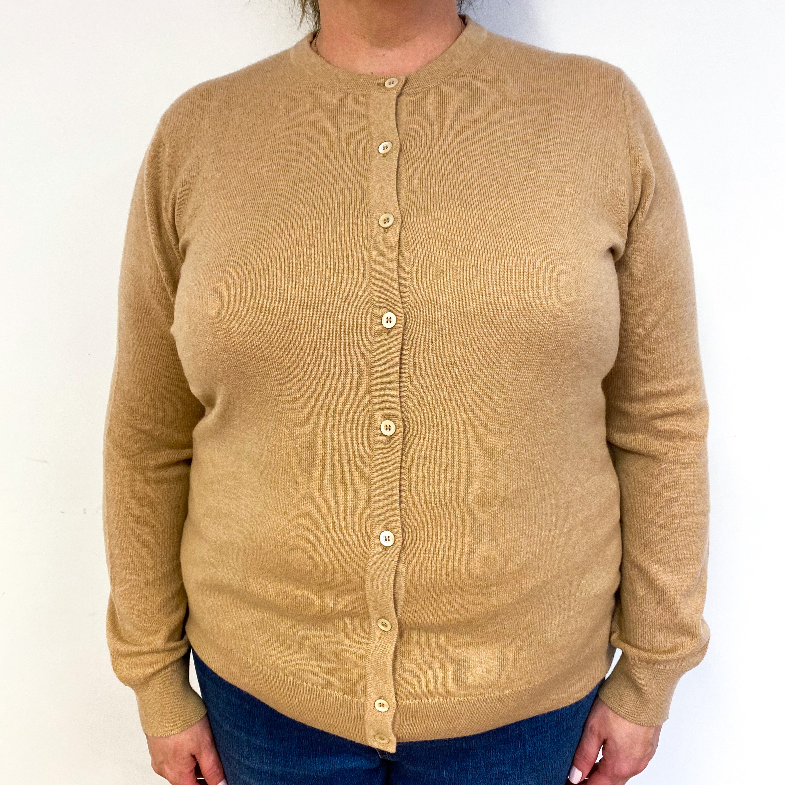 New Scottish Caramel Brown Cashmere Crew Neck Cardigan Extra Large