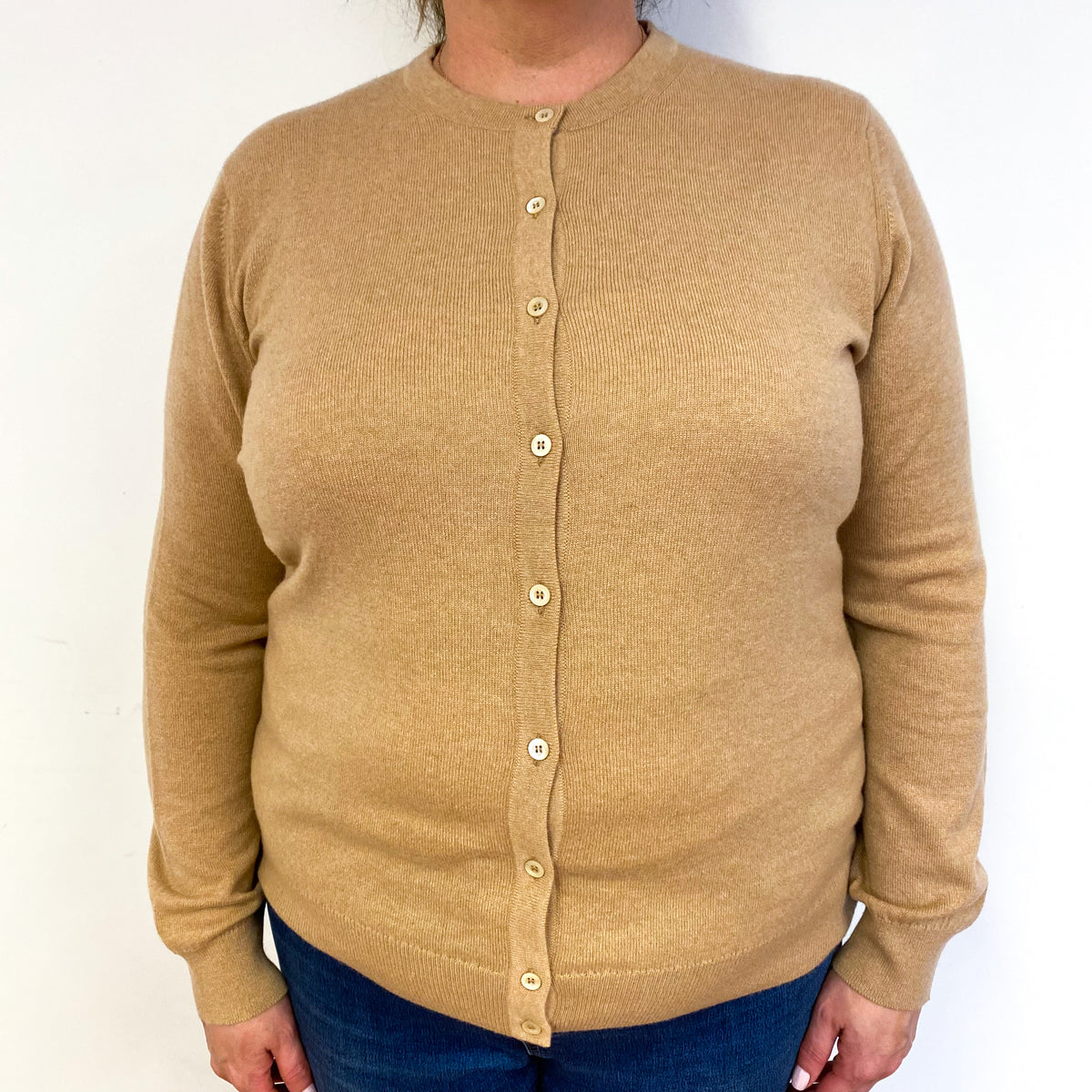 New Scottish Caramel Brown Cashmere Crew Neck Cardigan Extra Large