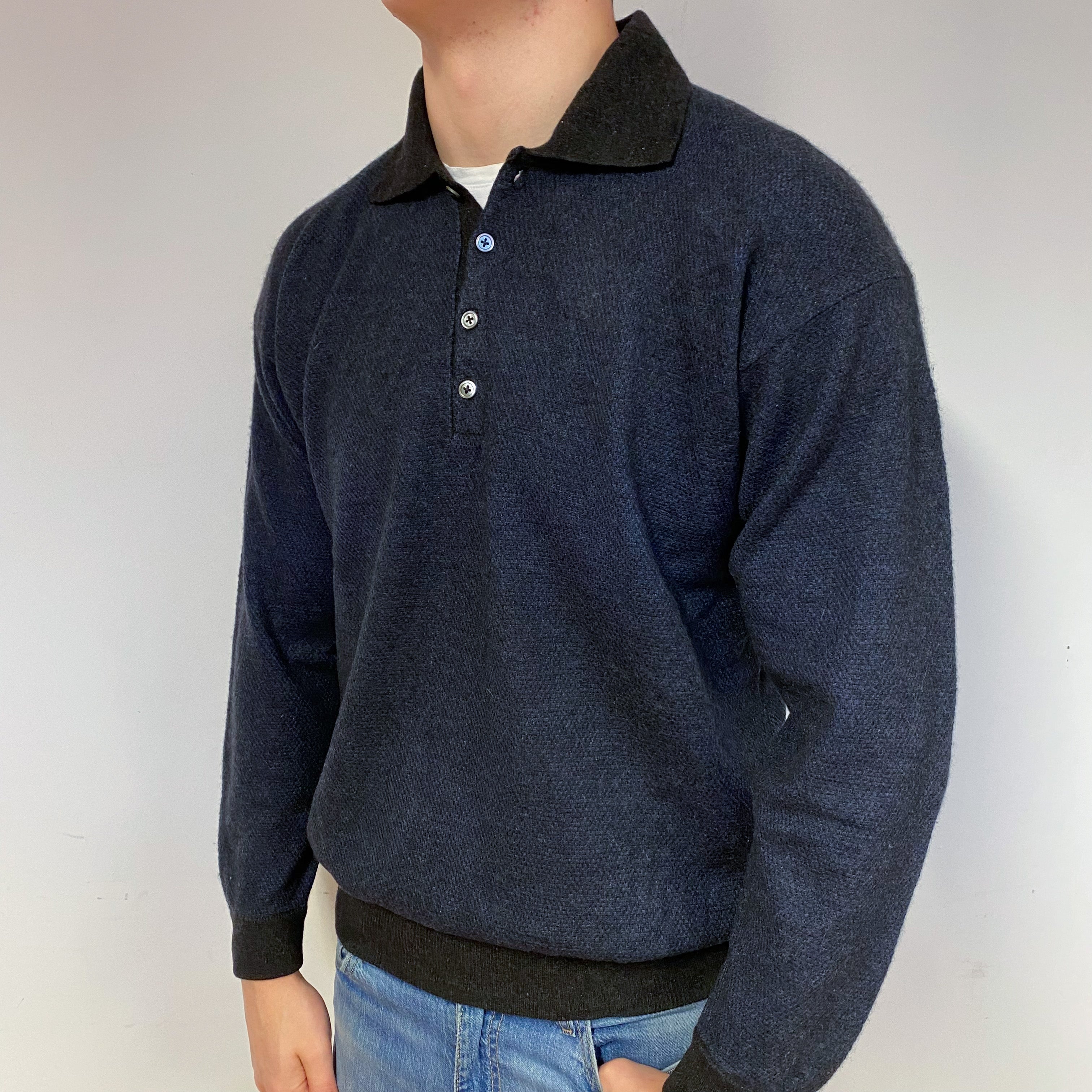 Men's Midnight Blue Cashmere 1/4 Button Jumper Extra Large