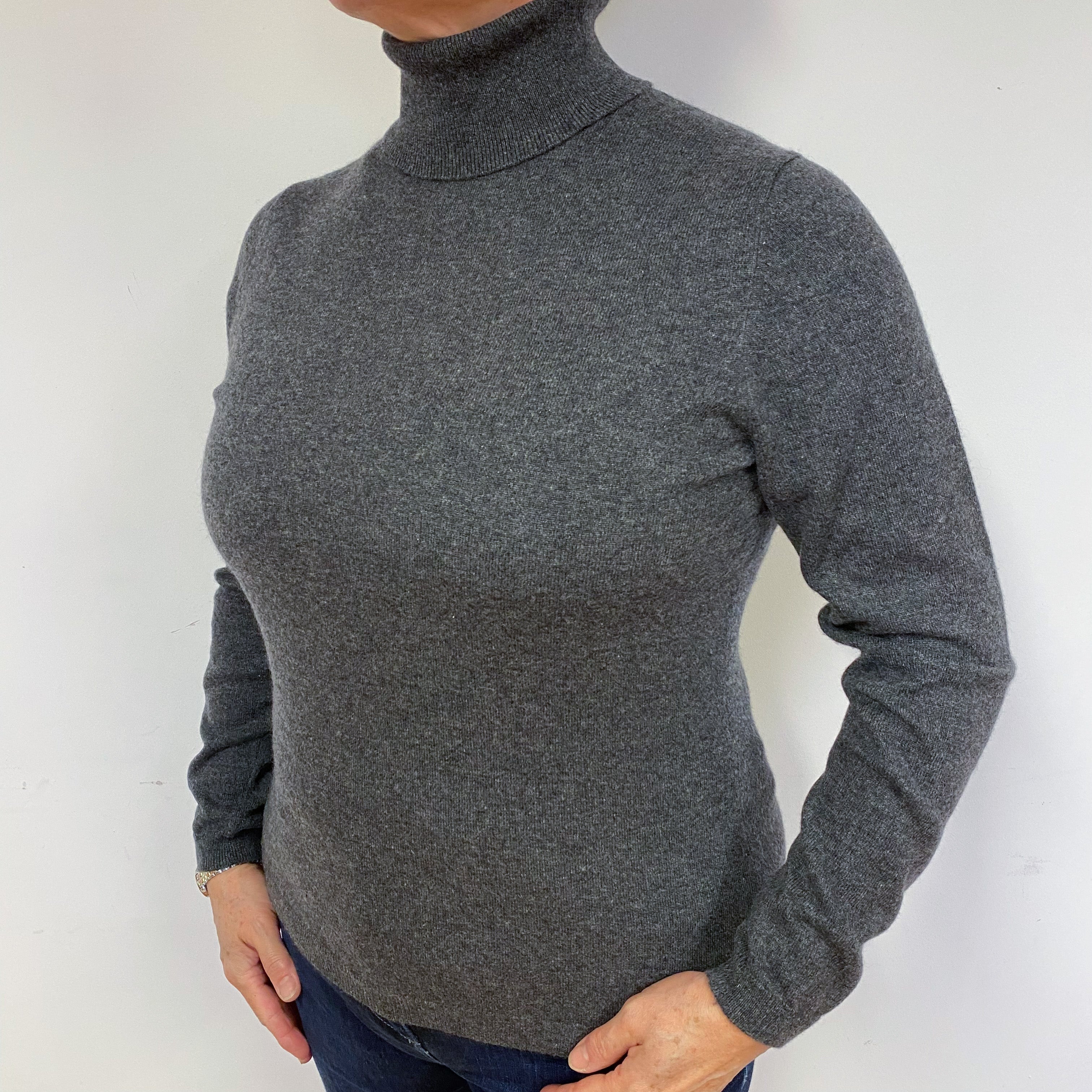 Slate Grey Cashmere Polo Neck Jumper Large