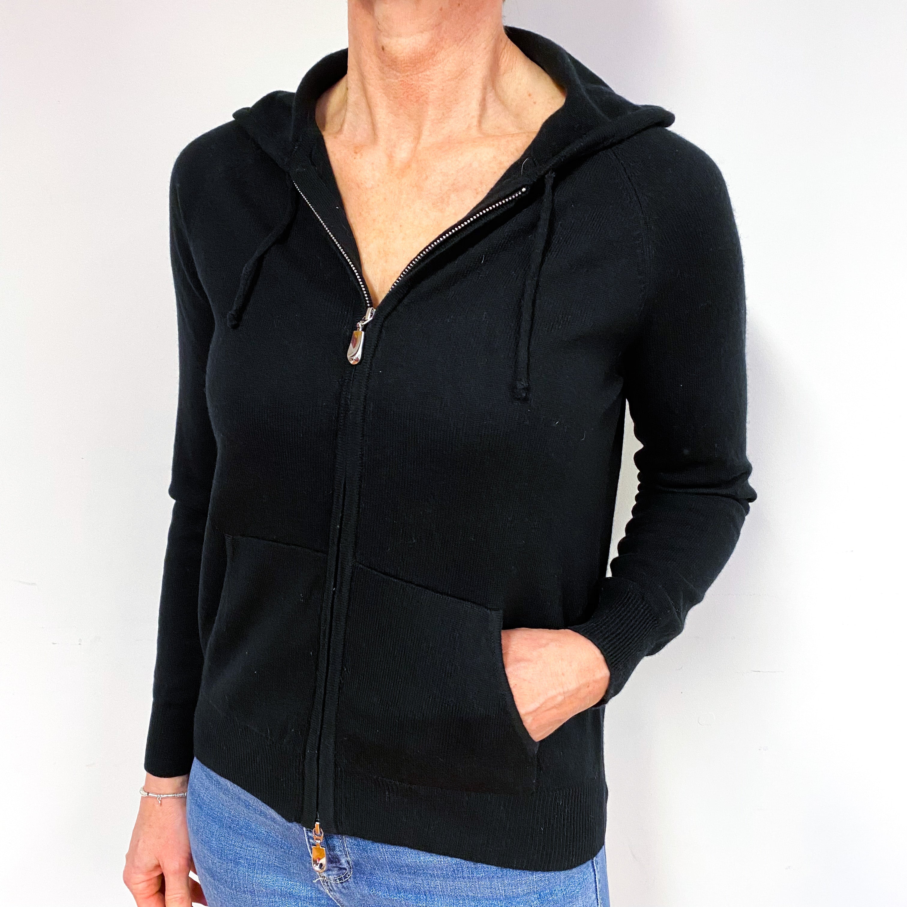 Black Zip Front Cashmere Hoodie Cardigan Medium