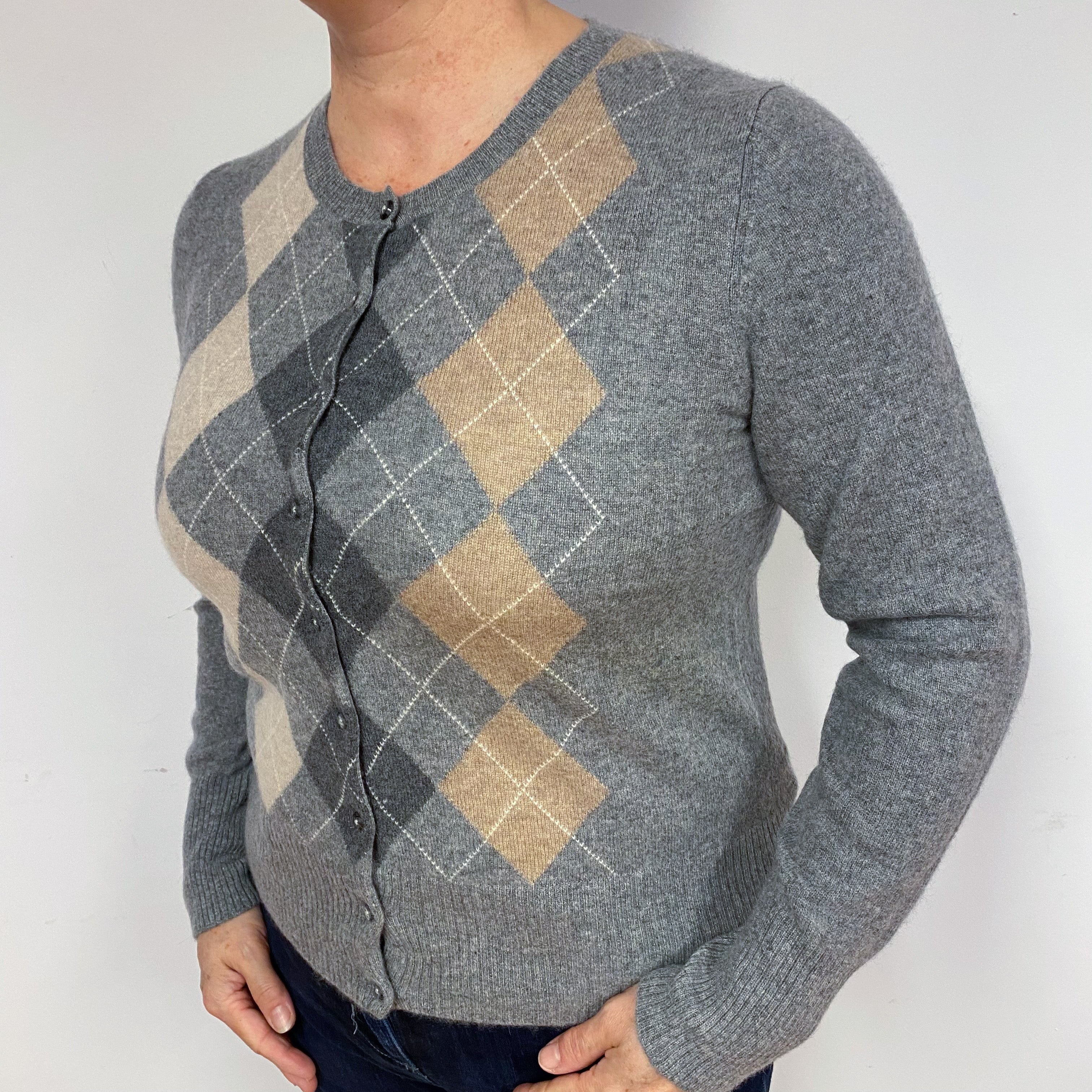 Grey and Beige Diamond Cashmere Crew Neck Cardigan Large