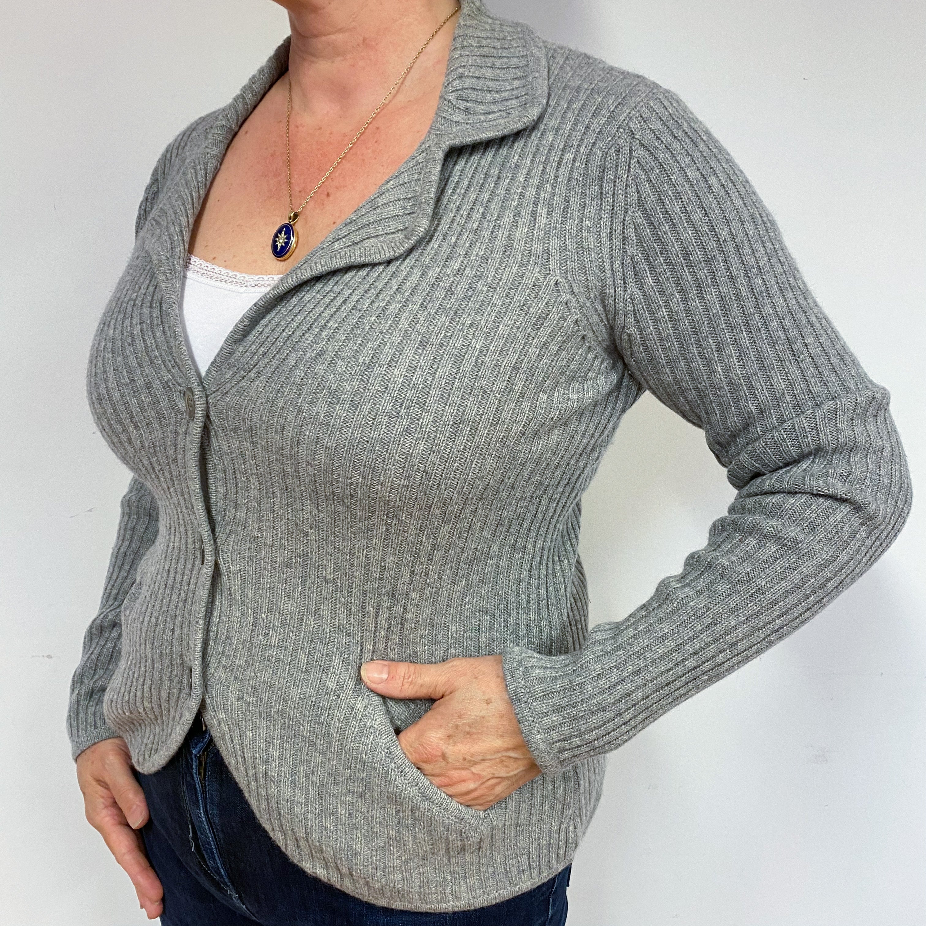 Pale Grey Cashmere Jacket Style Cardigan Large