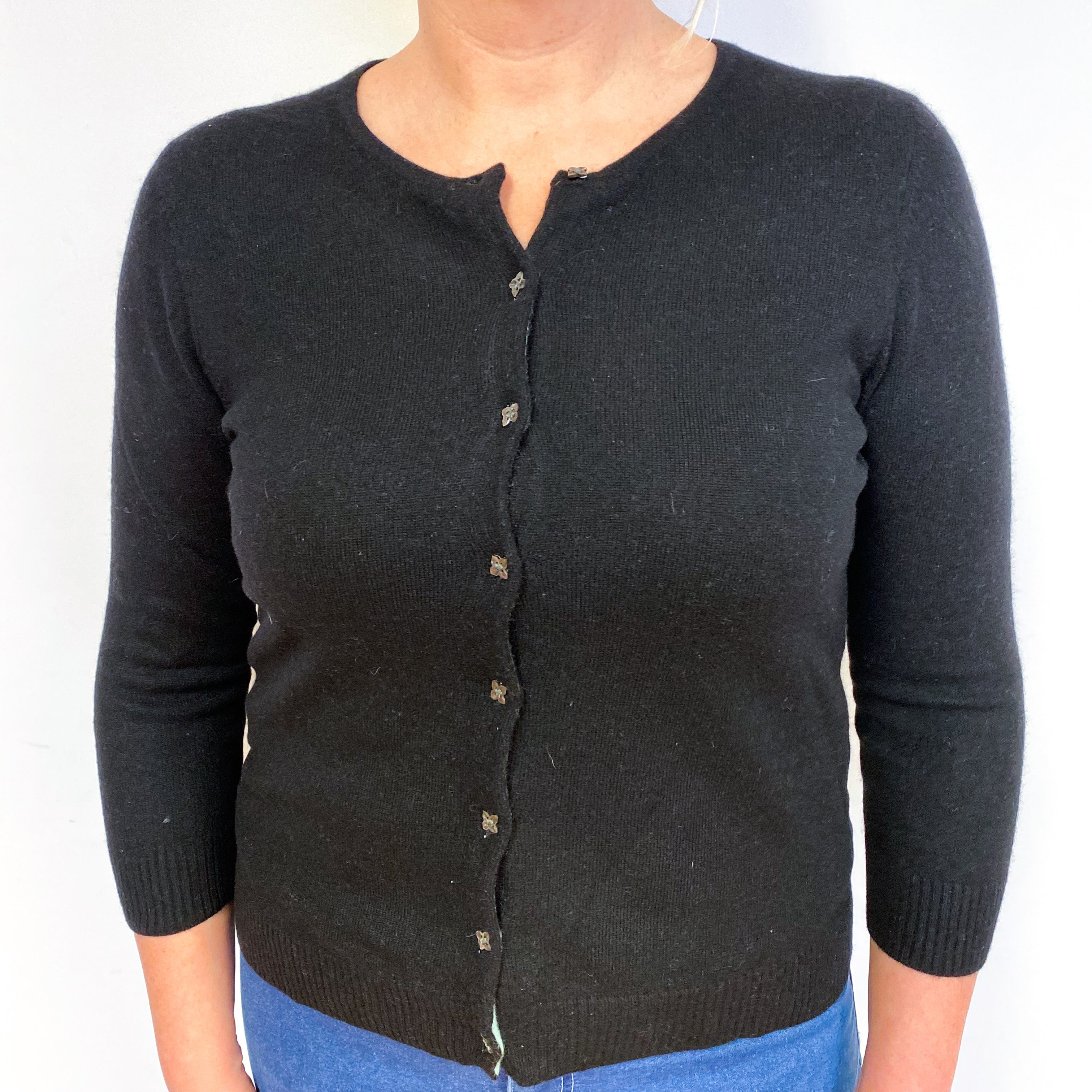 Black 3/4 Sleeve Cashmere Crew Neck Cardigan Large