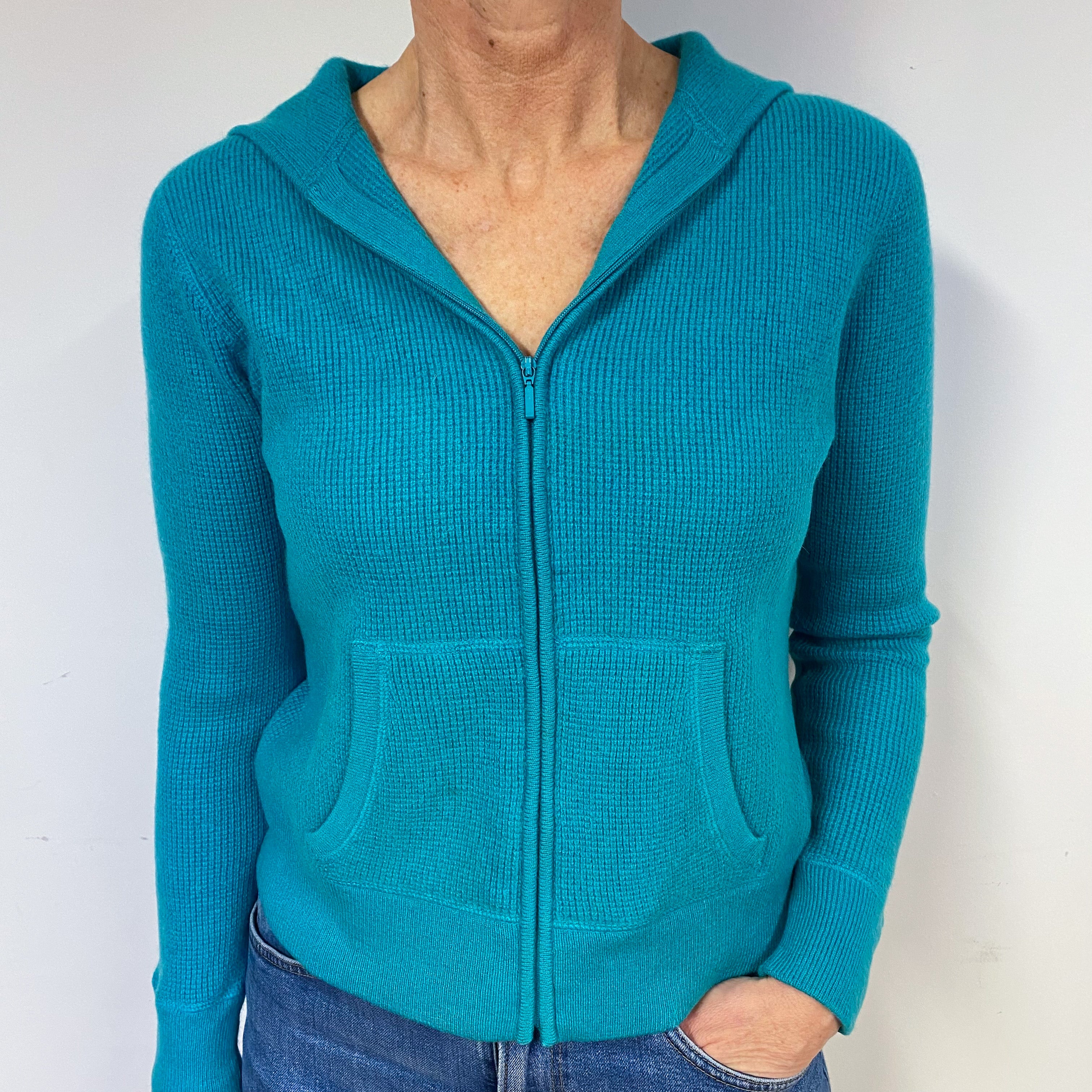 Turquoise Waffle Knit Cashmere Hoodie Medium