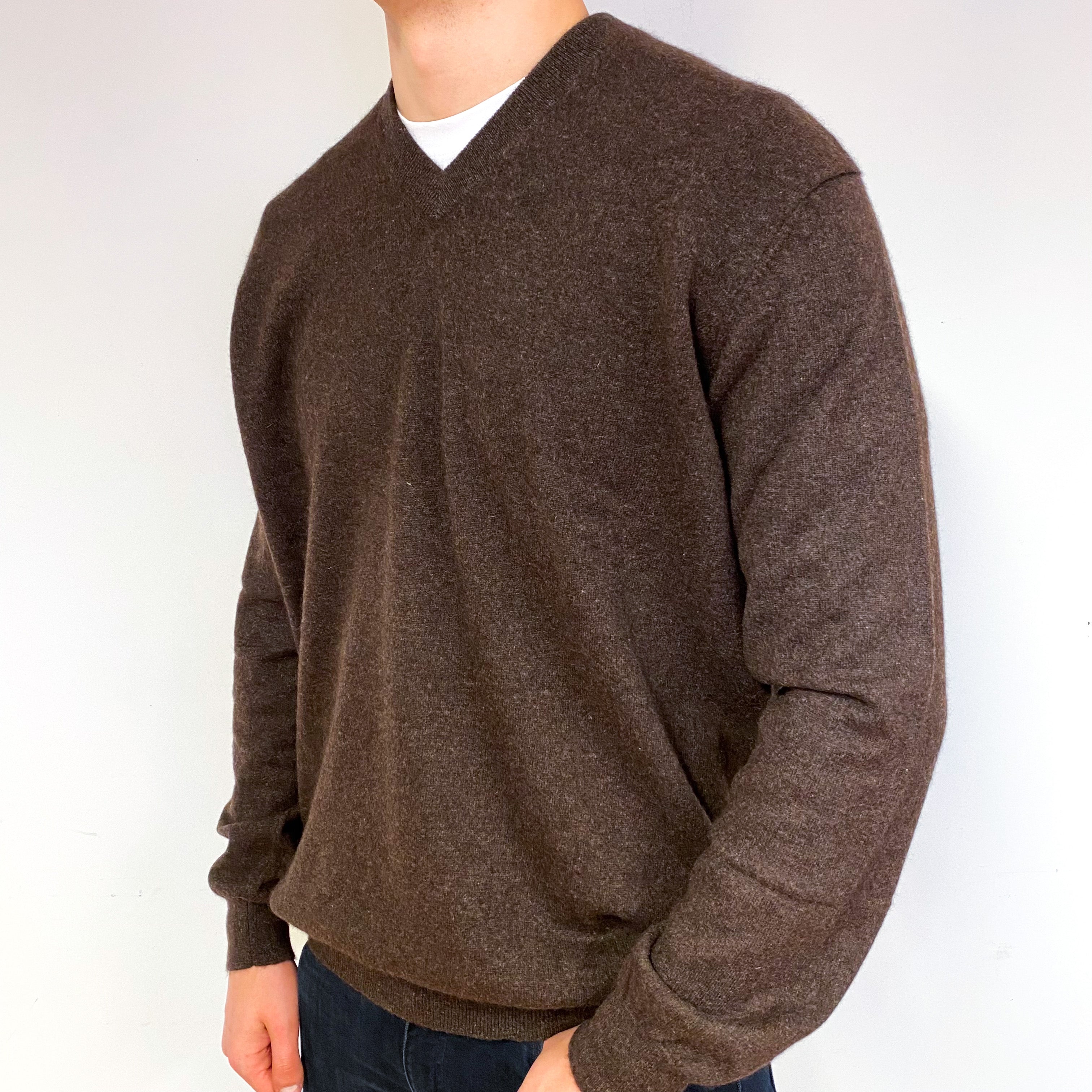 Men's Mole Brown Cashmere V-Neck Jumper Extra Extra Large