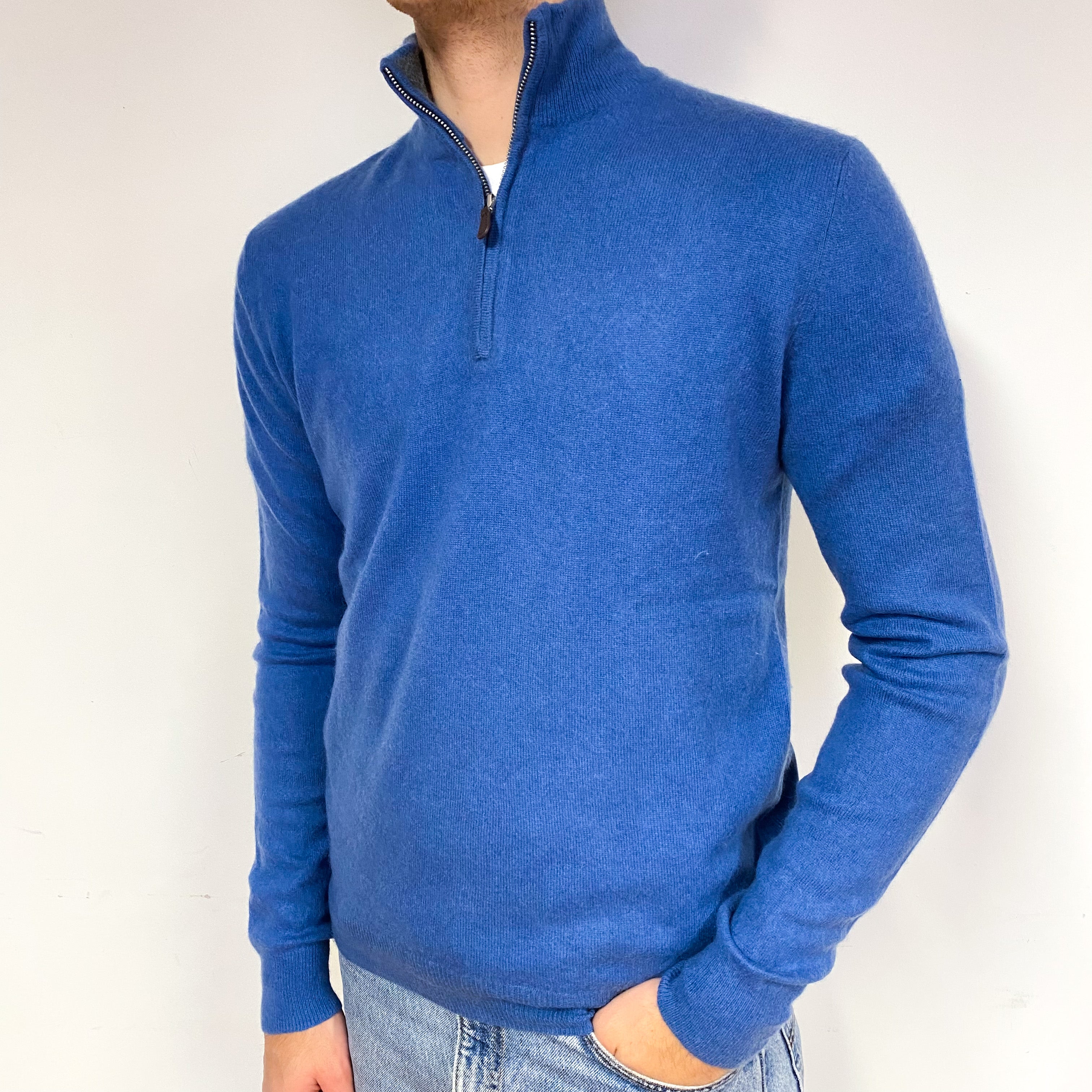 Men's Tanzanite Blue Cashmere 1/4 Zip Jumper Medium