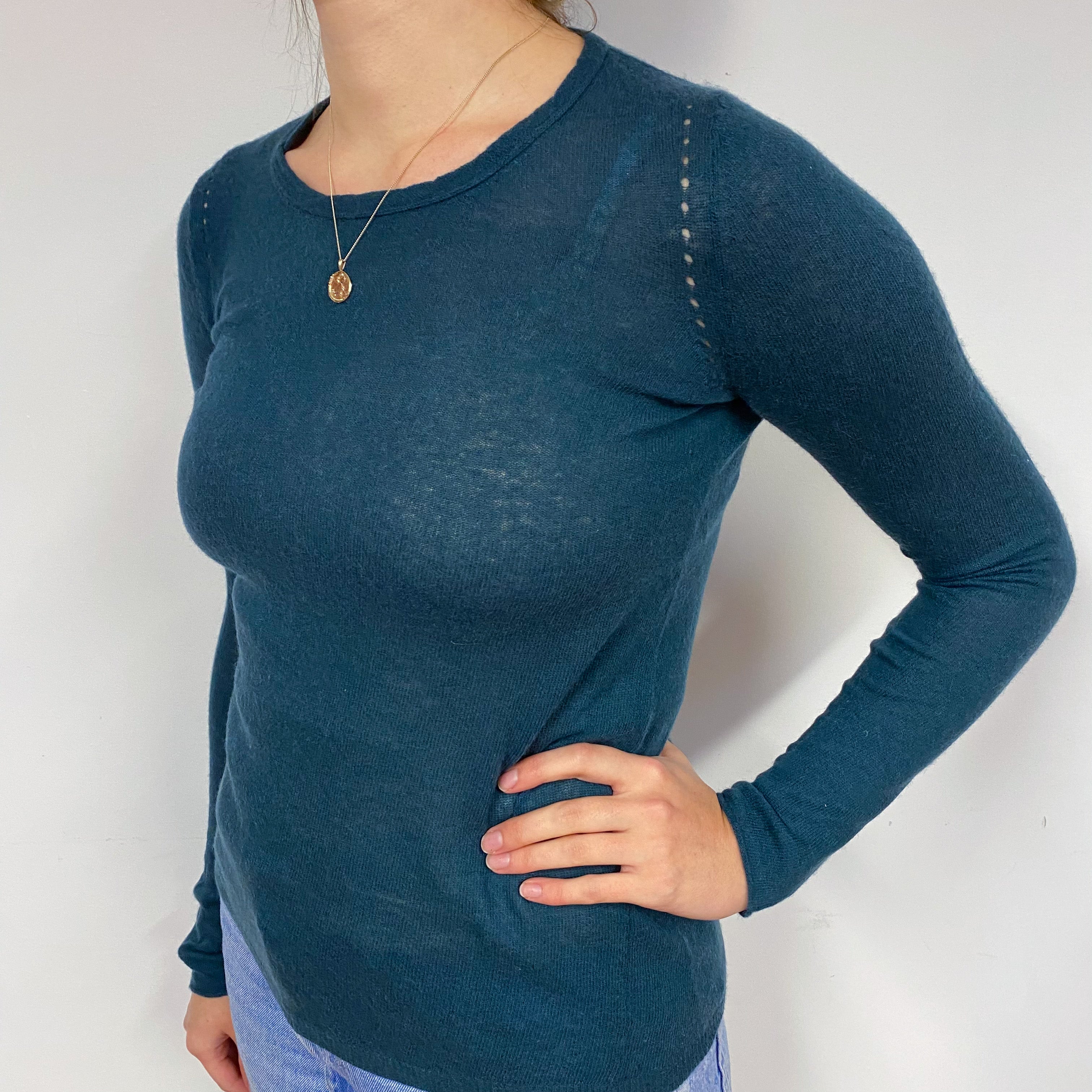 Lightweight Petrol Blue Cashmere Crew Neck Jumper Small