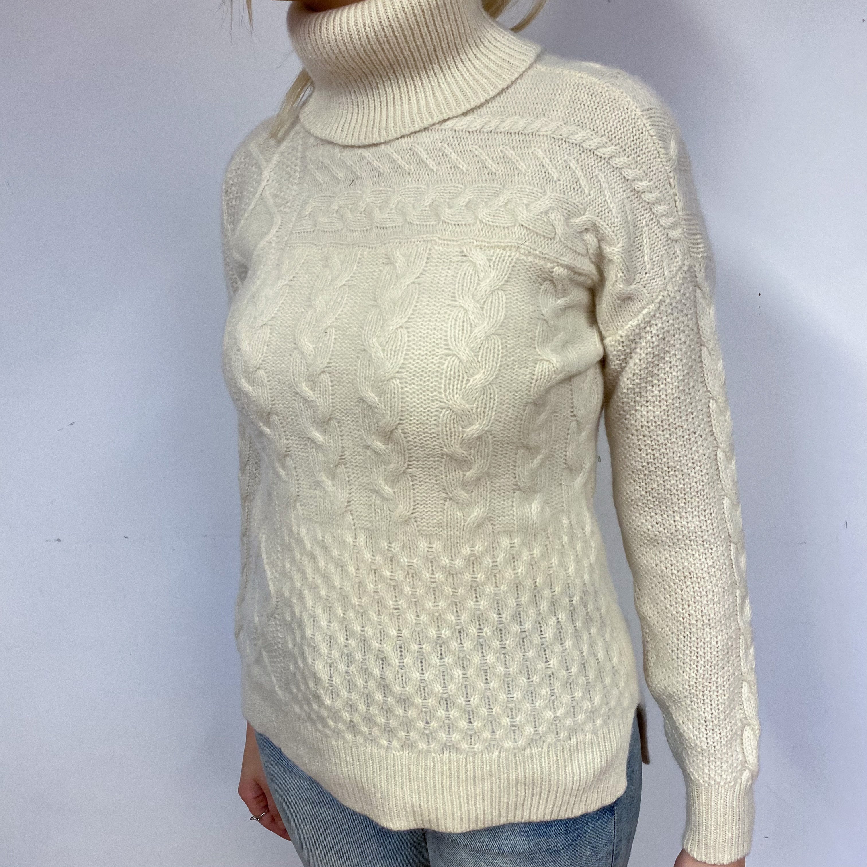 Cream Cable Cashmere Polo Neck Jumper Small