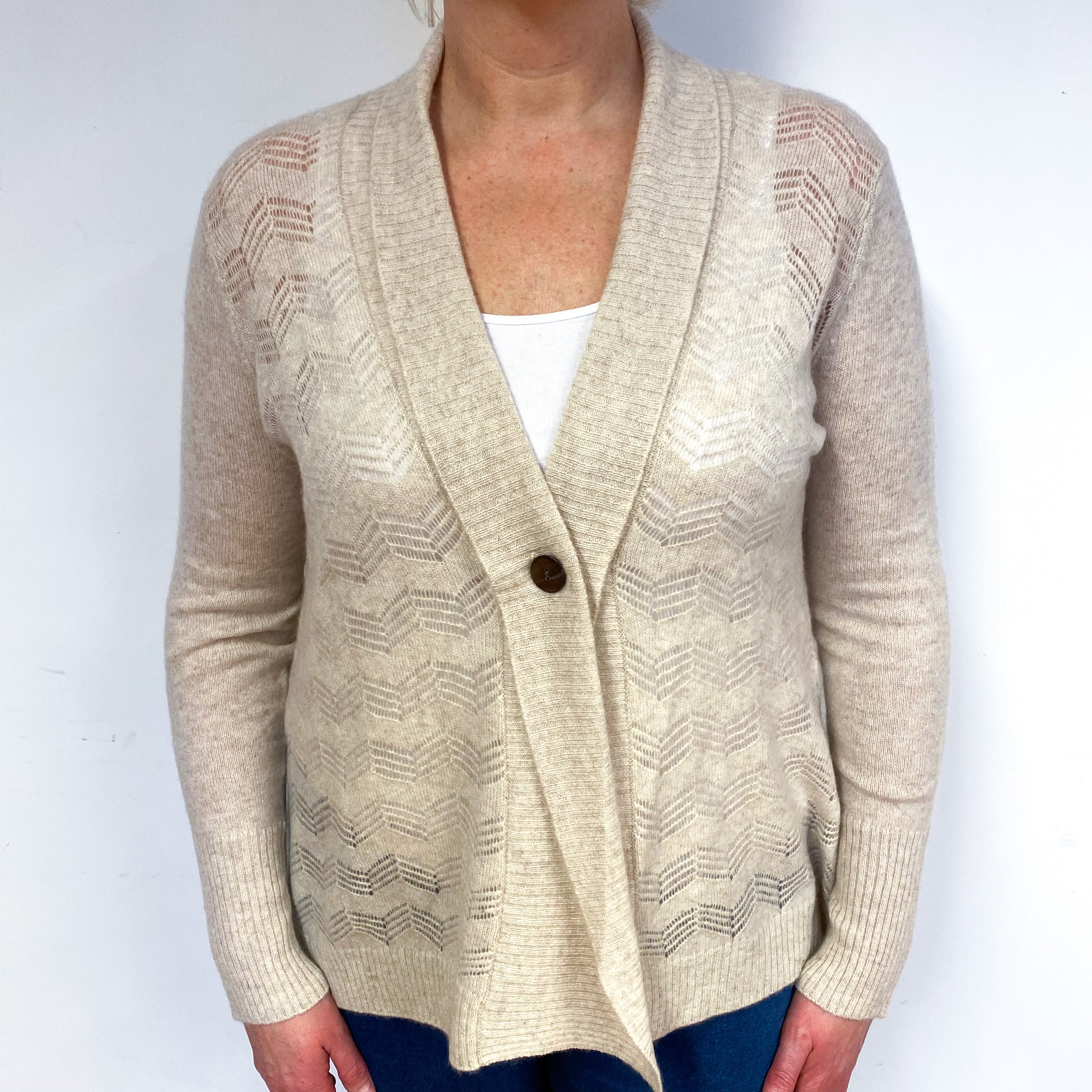 Beige Lace Knit Cashmere V-Neck Cardigan Large