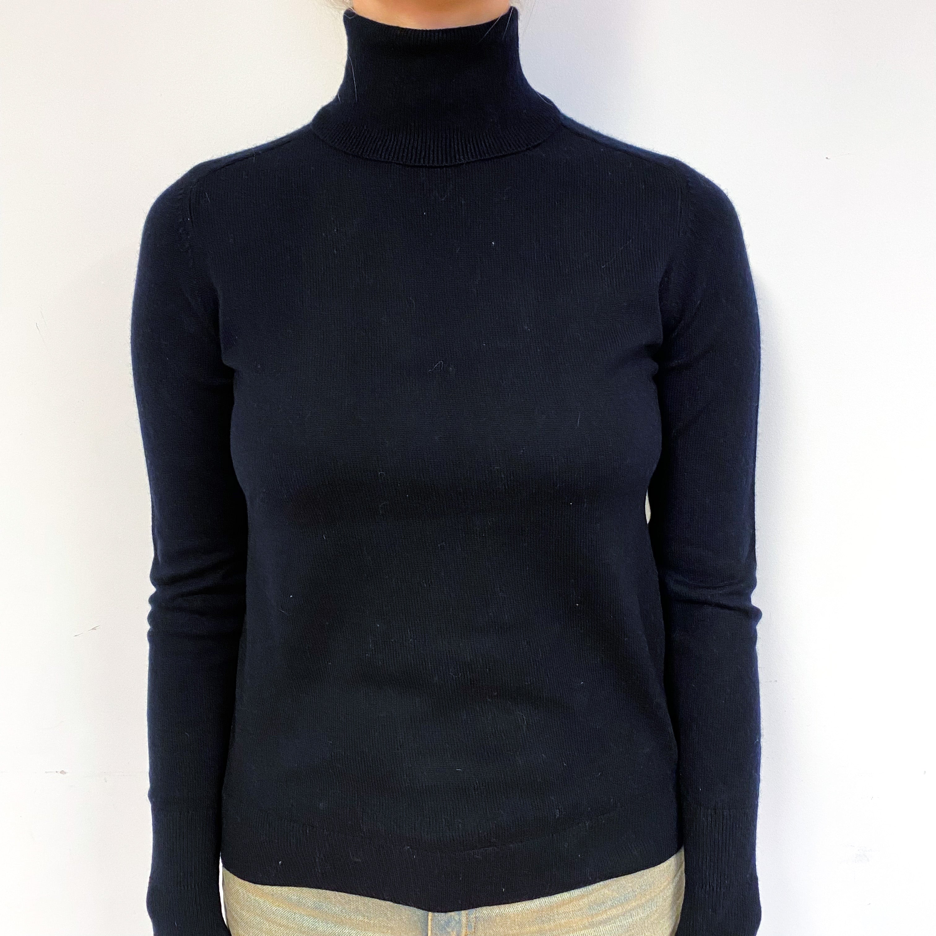 Darkest Navy Blue Cashmere Polo Neck Jumper Small