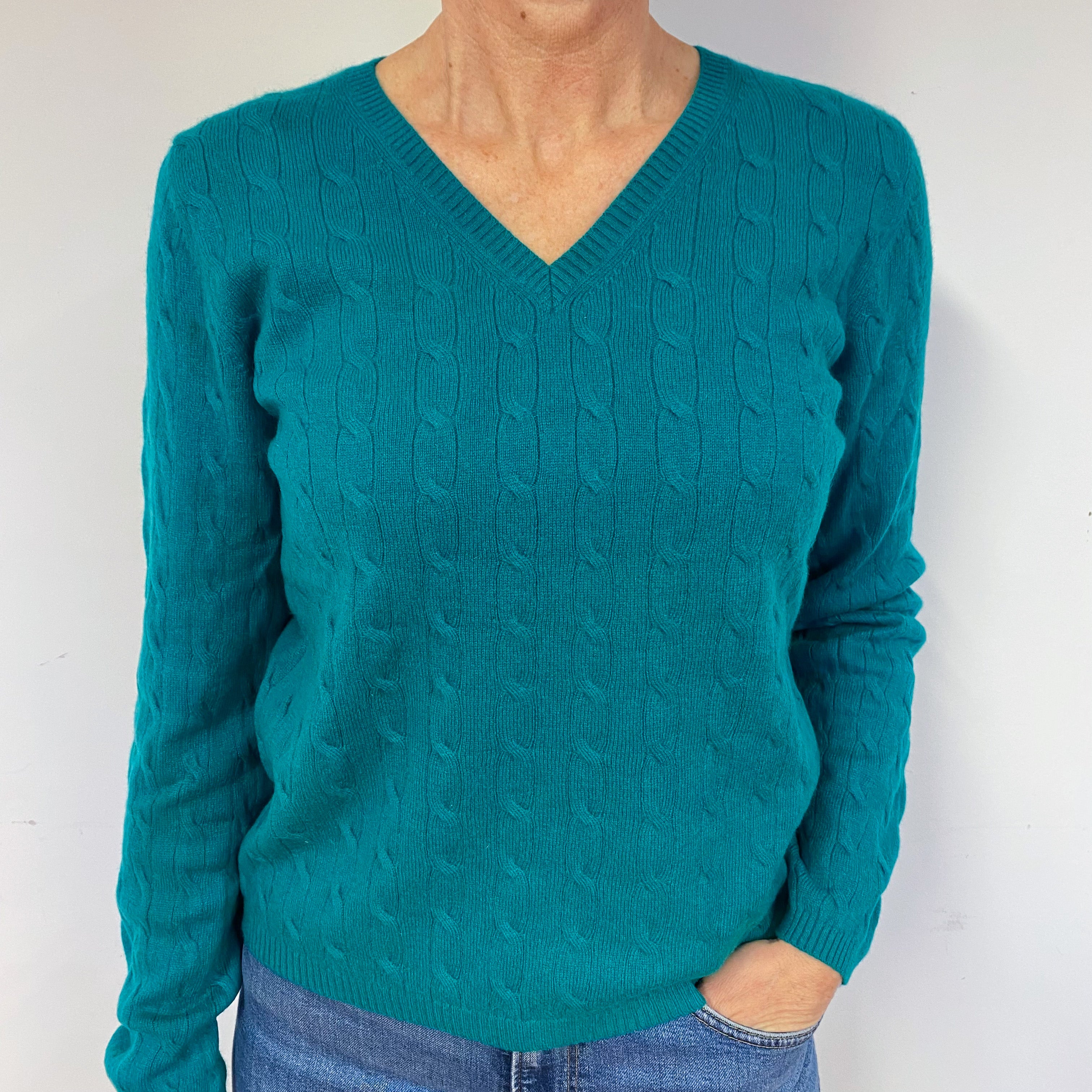 Peacock Green Cable Cashmere V-Neck Jumper Medium