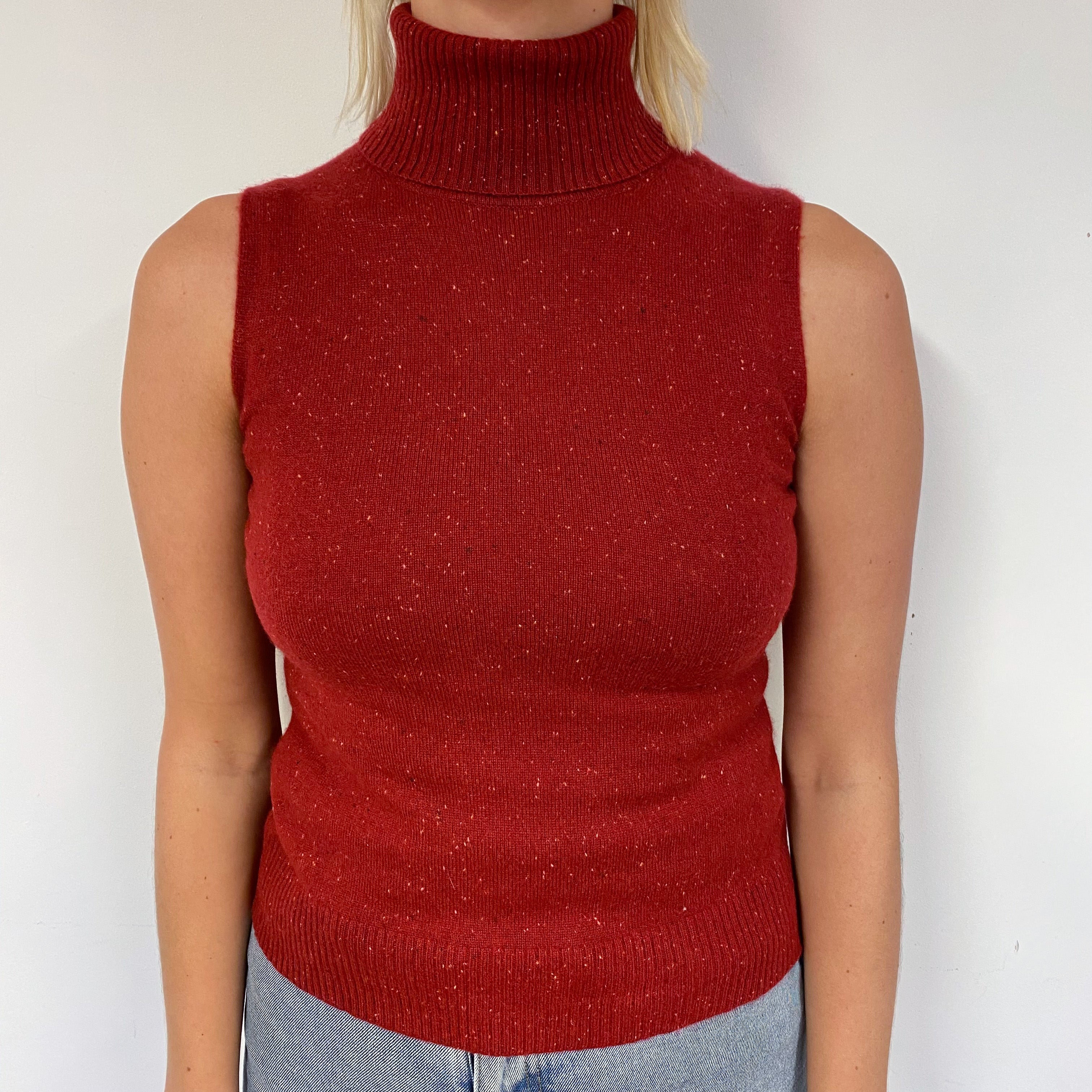 Red Cashmere Sleeveless Polo Neck Jumper Small