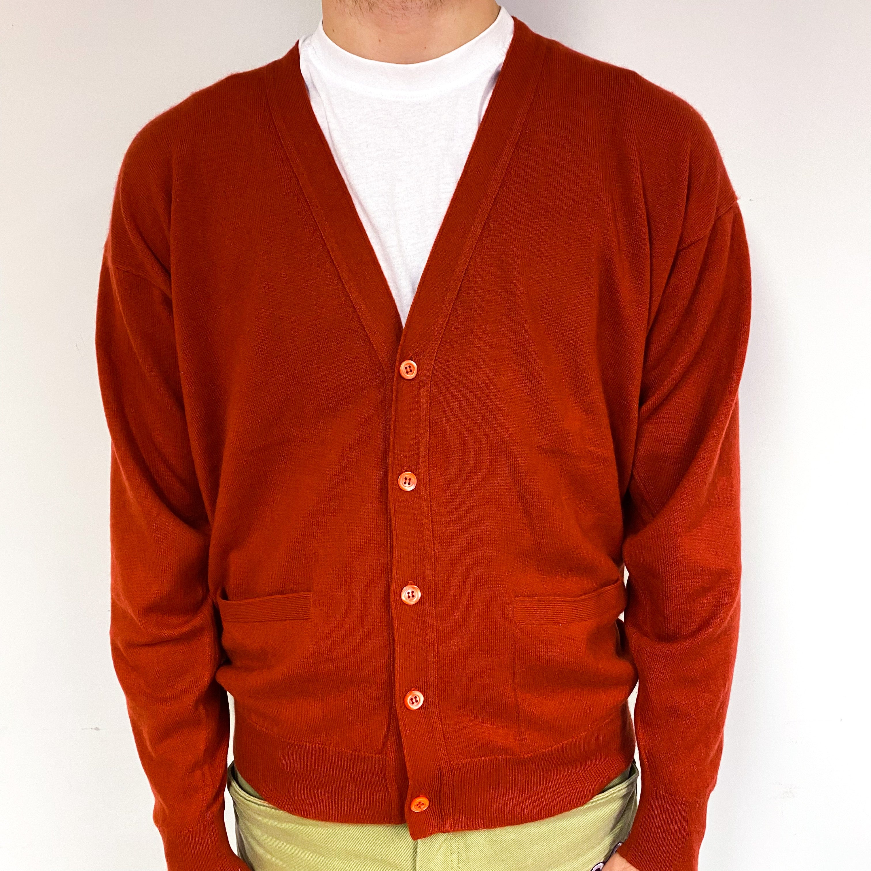 Men's Rust Red Cashmere V-Neck Cardigan Medium