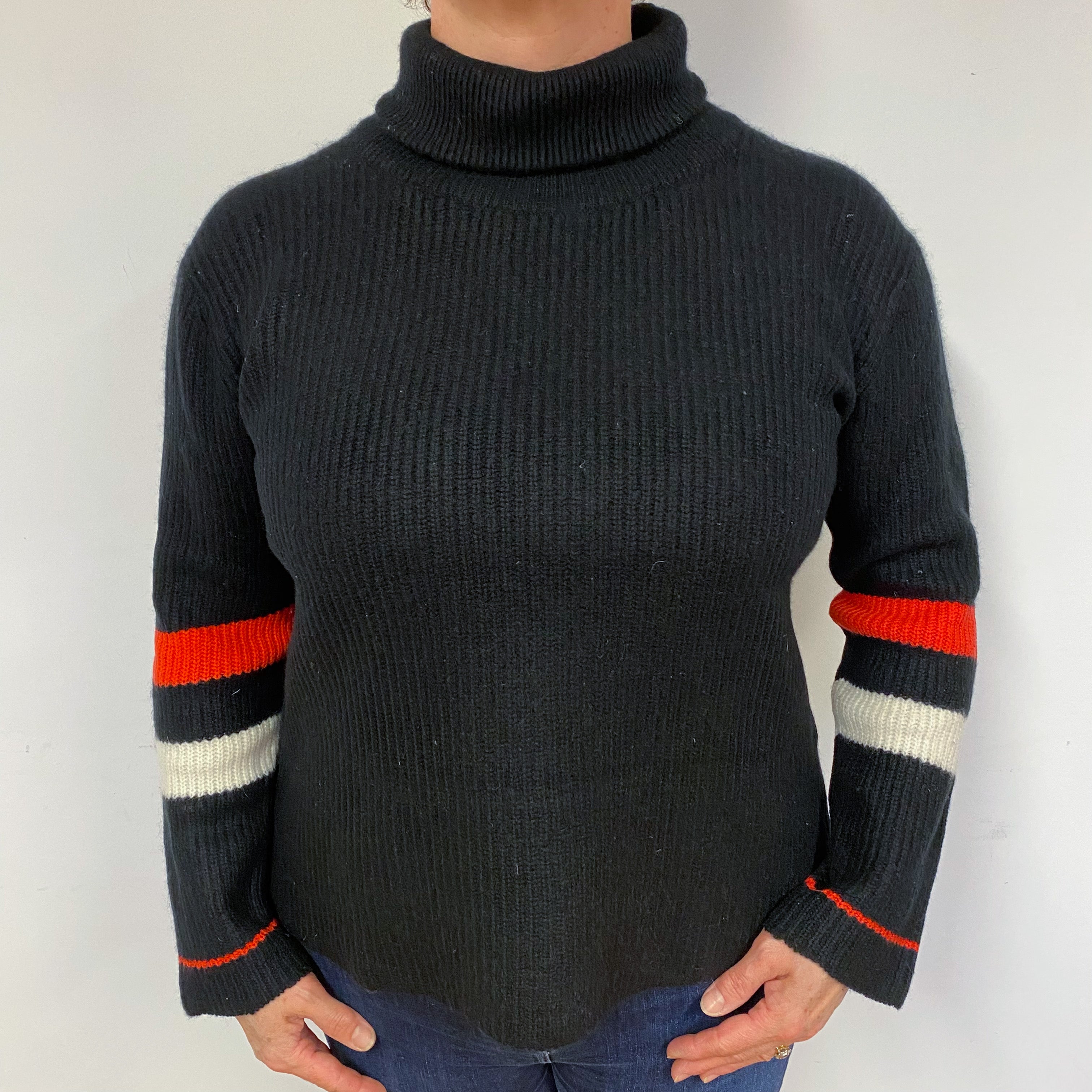 Black Chunky Ribbed Cashmere Polo Neck Jumper Large