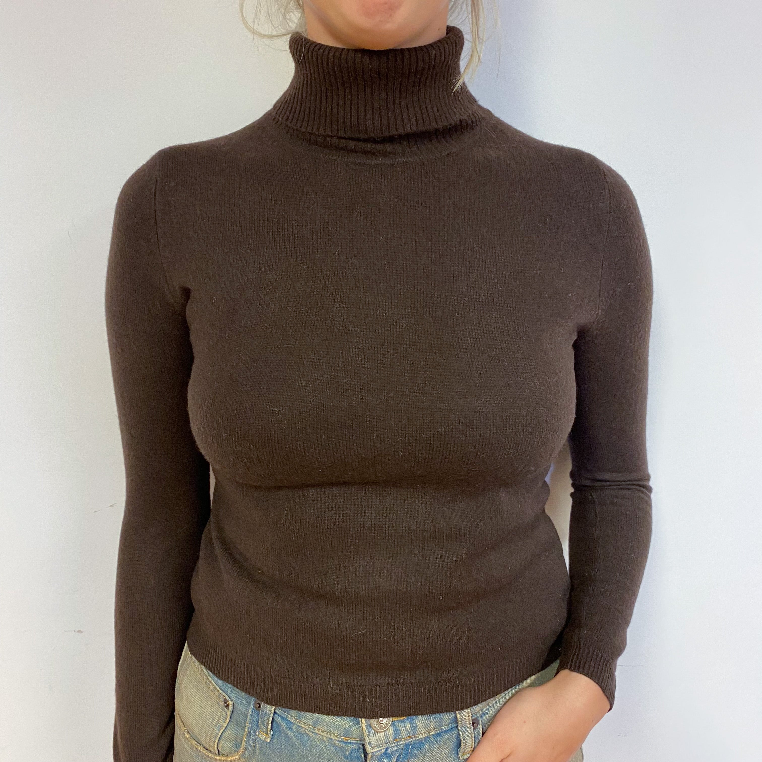 Chocolate Brown Cashmere Polo Neck Jumper Small