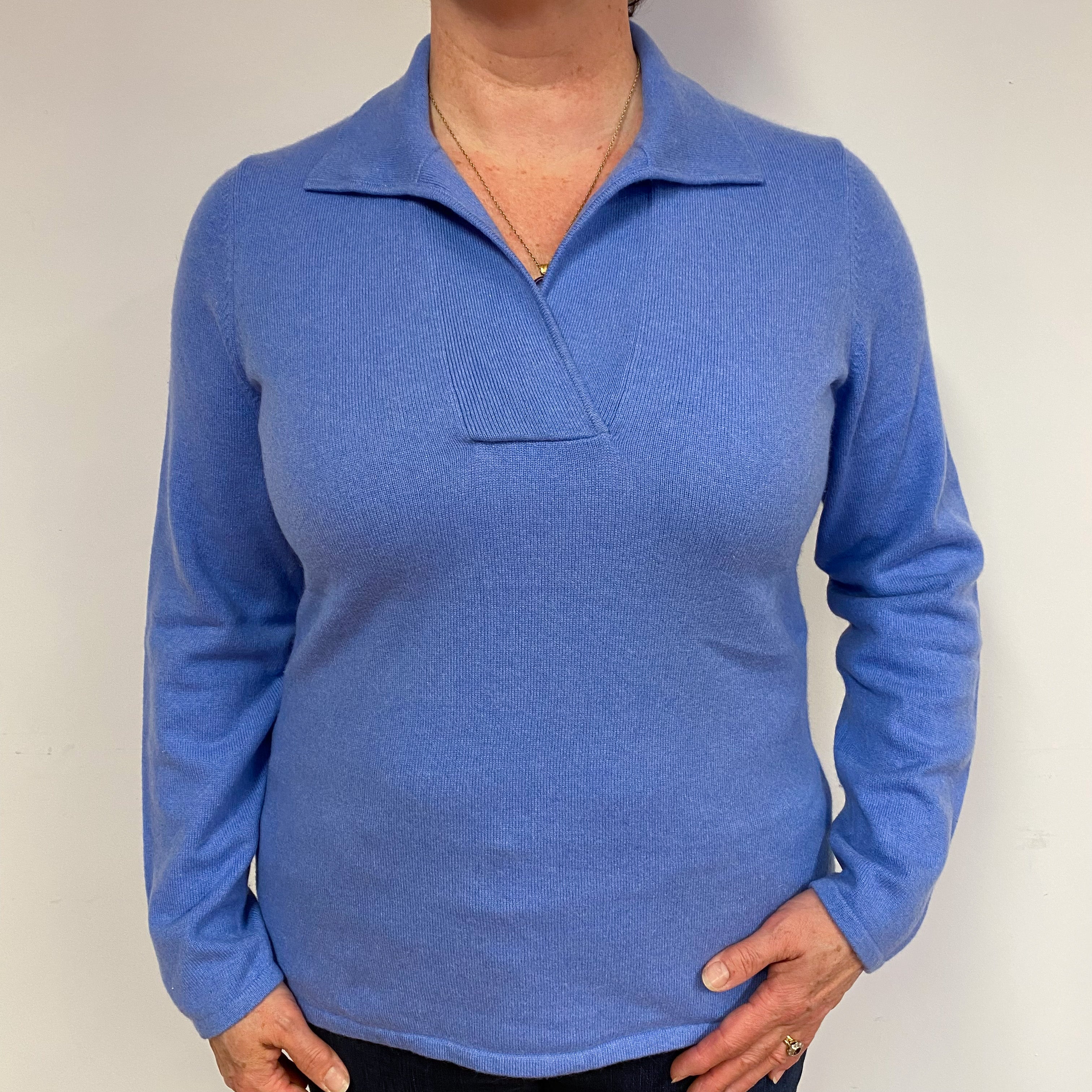 Cornflower Blue Cashmere Collared V-Neck Jumper Large