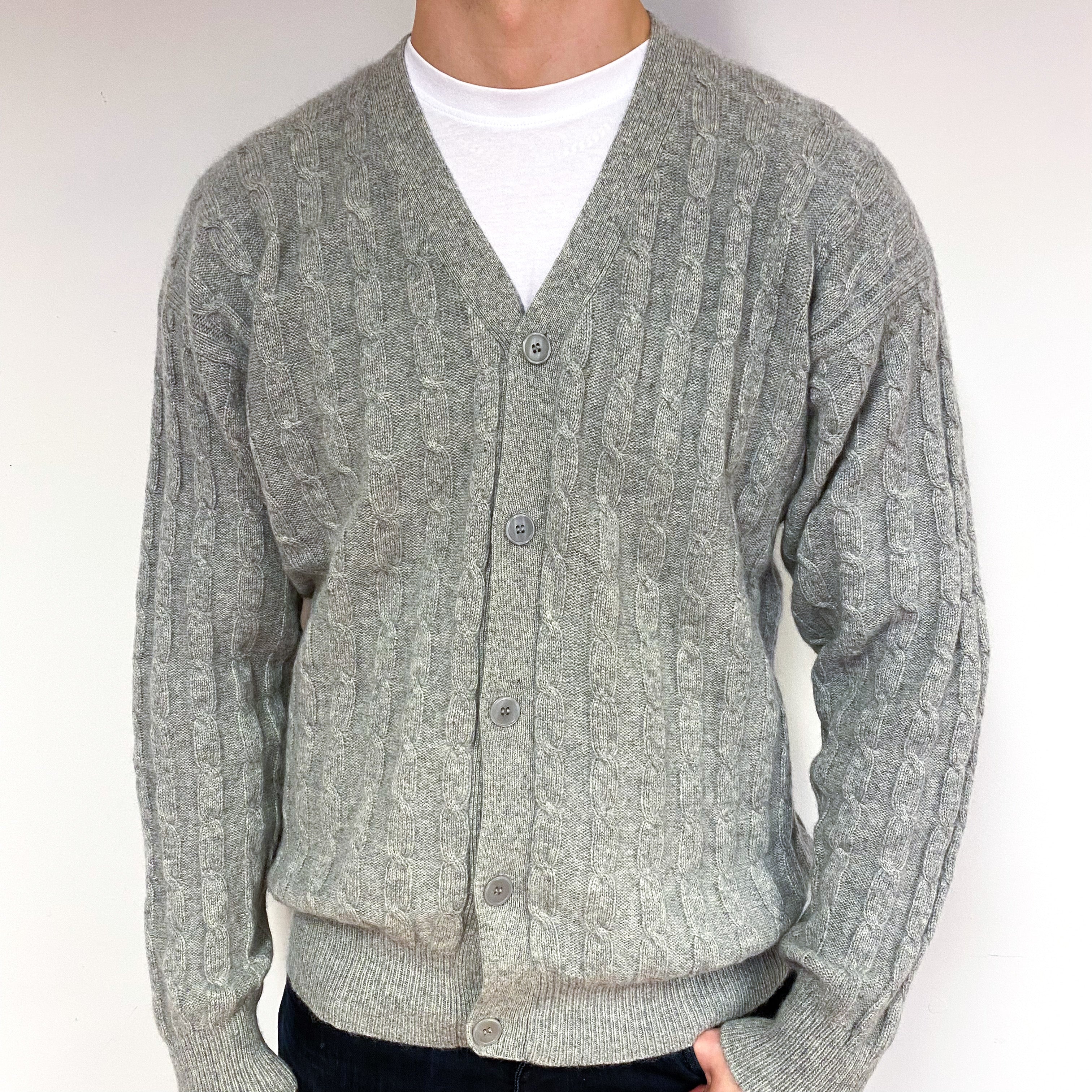 Men's Smoke Grey Cable Cashmere V-Neck Cardigan Extra Large