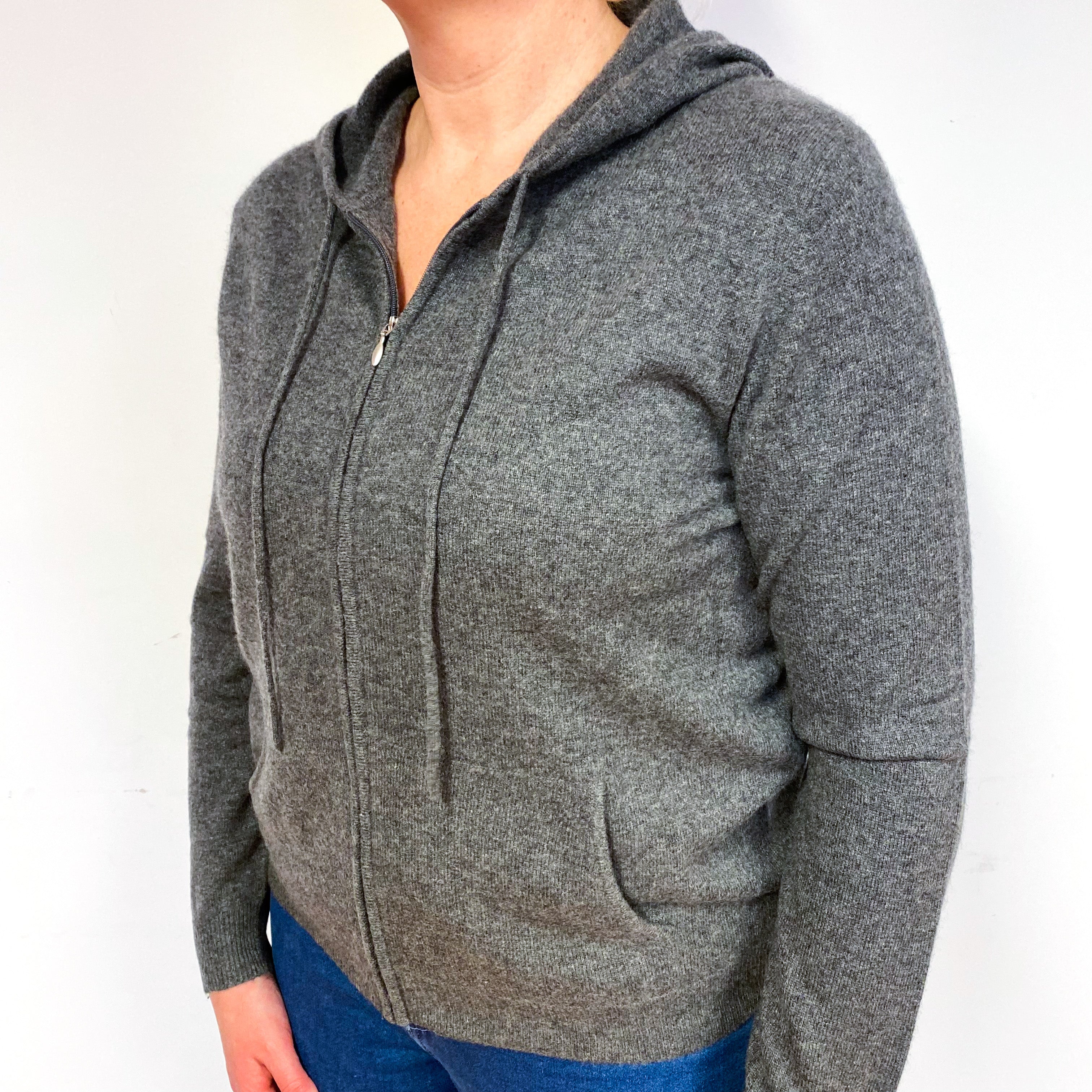 Slate Grey Cashmere Zip Front Hoodie Cardigan Large