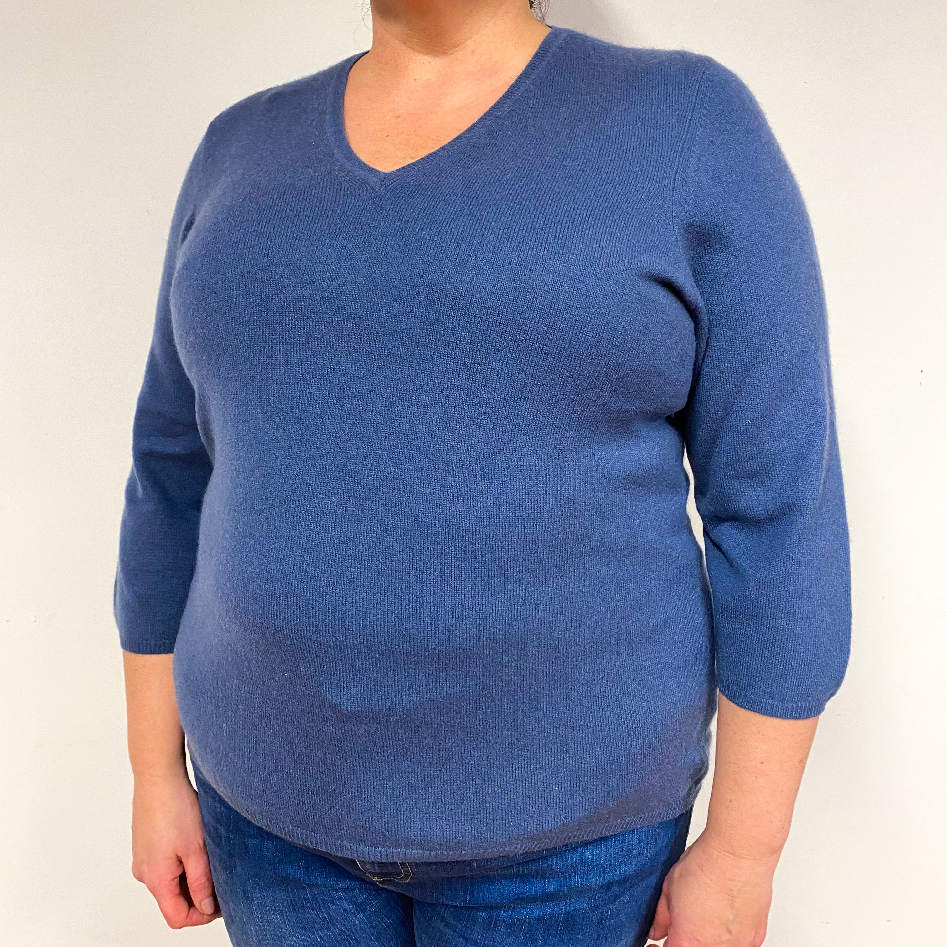Denim Blue Cashmere V-Neck Jumper Extra Large