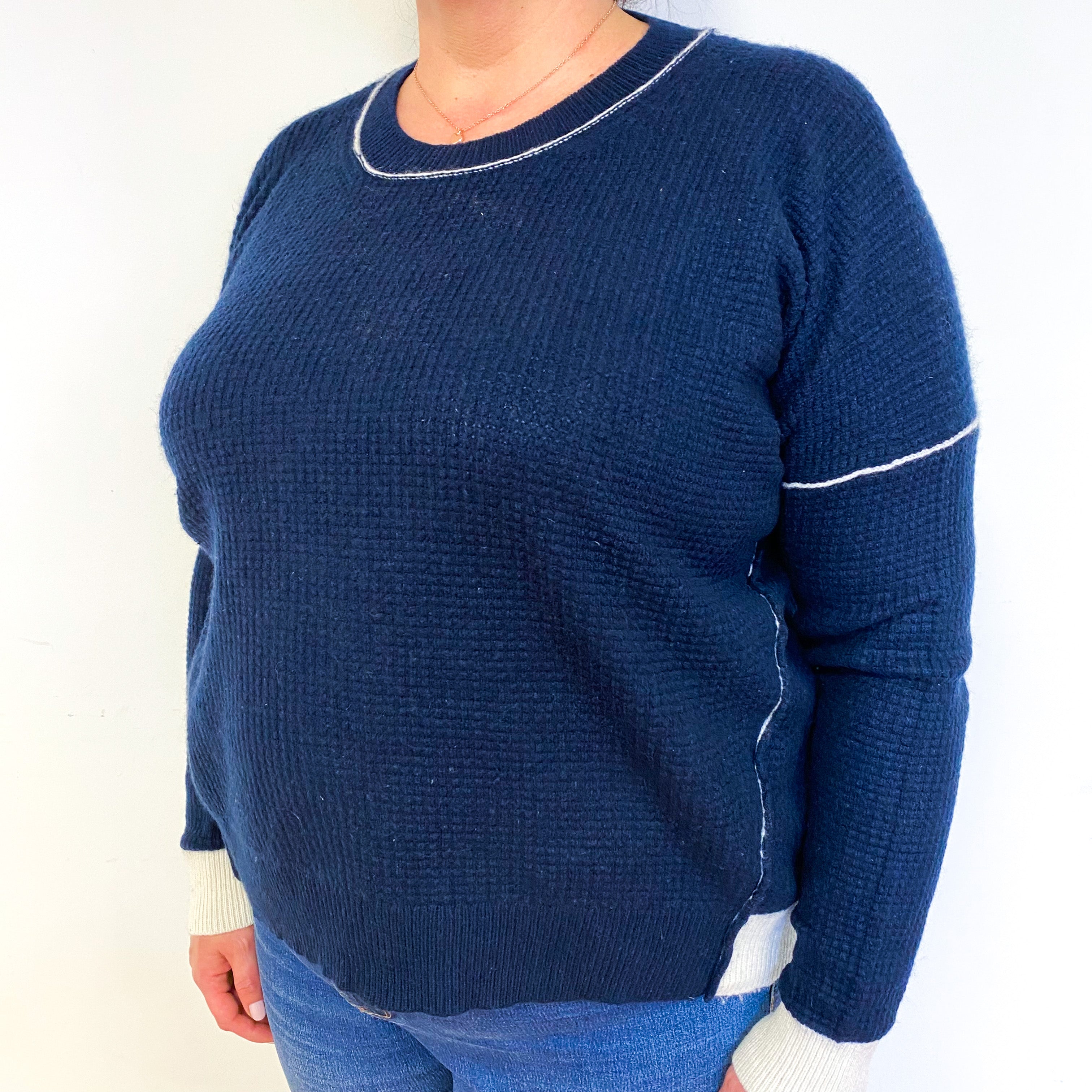 Navy Blue Waffle Cashmere Crew Neck Jumper Extra Large