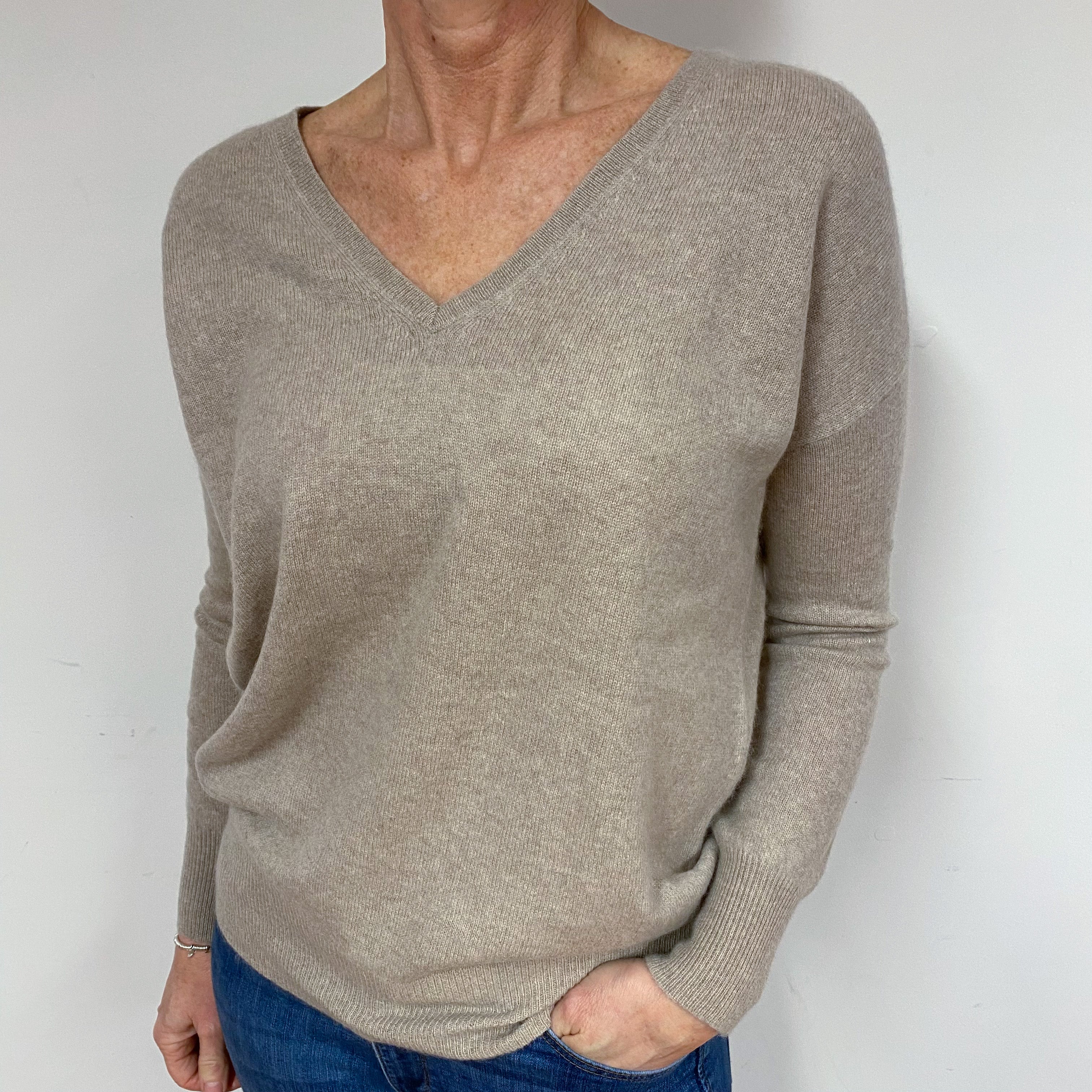 Biscuit Beige Cashmere V-Neck Jumper Medium