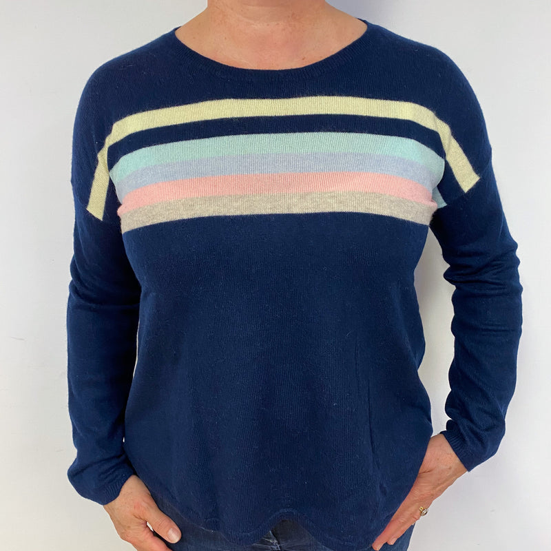 Wyse Navy Striped Cashmere Crew Neck Jumper Large