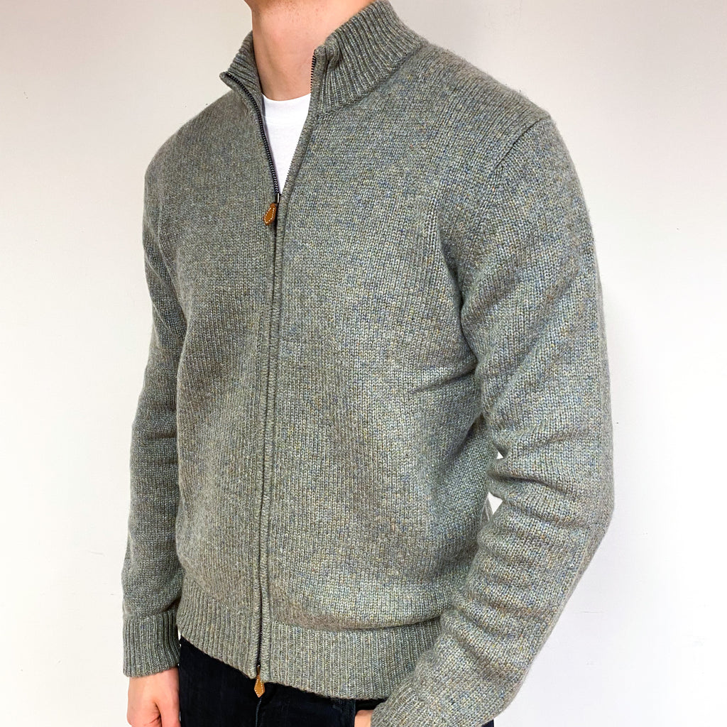 Men's Sage Green Marl Chunky Cashmere Zip Cardigan Extra Large