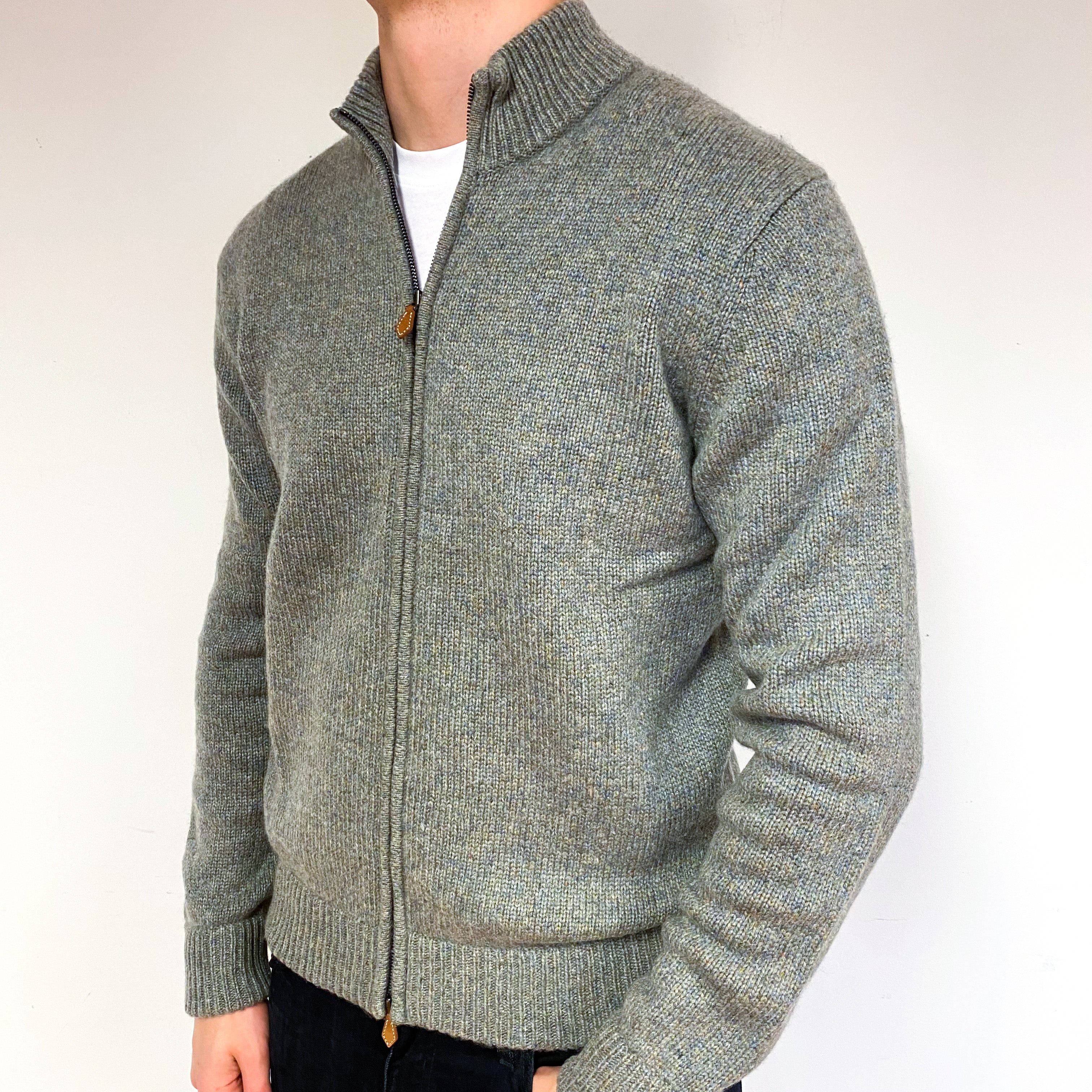 Men's Sage Green Marl Chunky Cashmere Zip Cardigan Extra Large