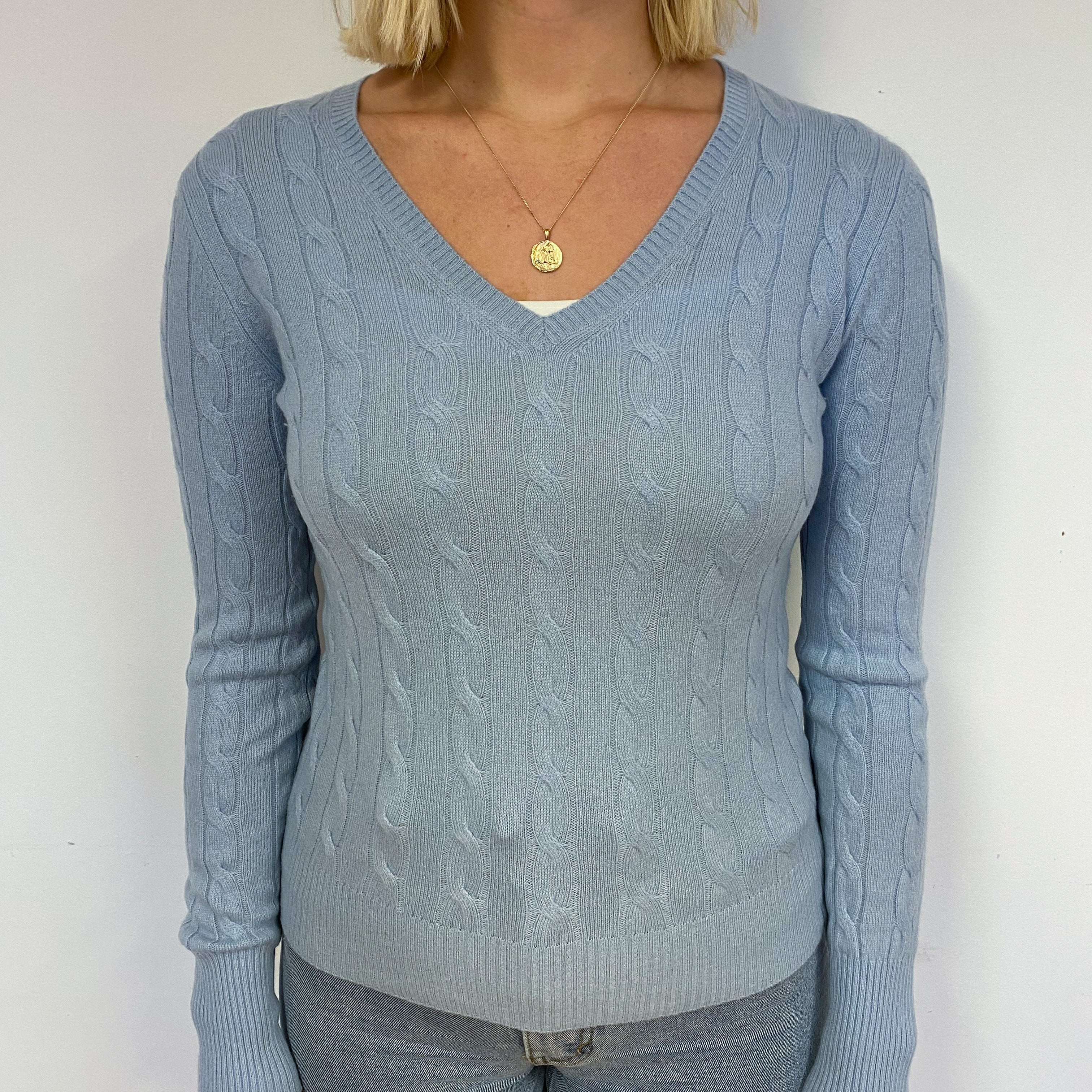 Opal Blue Cable Cashmere V-Neck Jumper Small