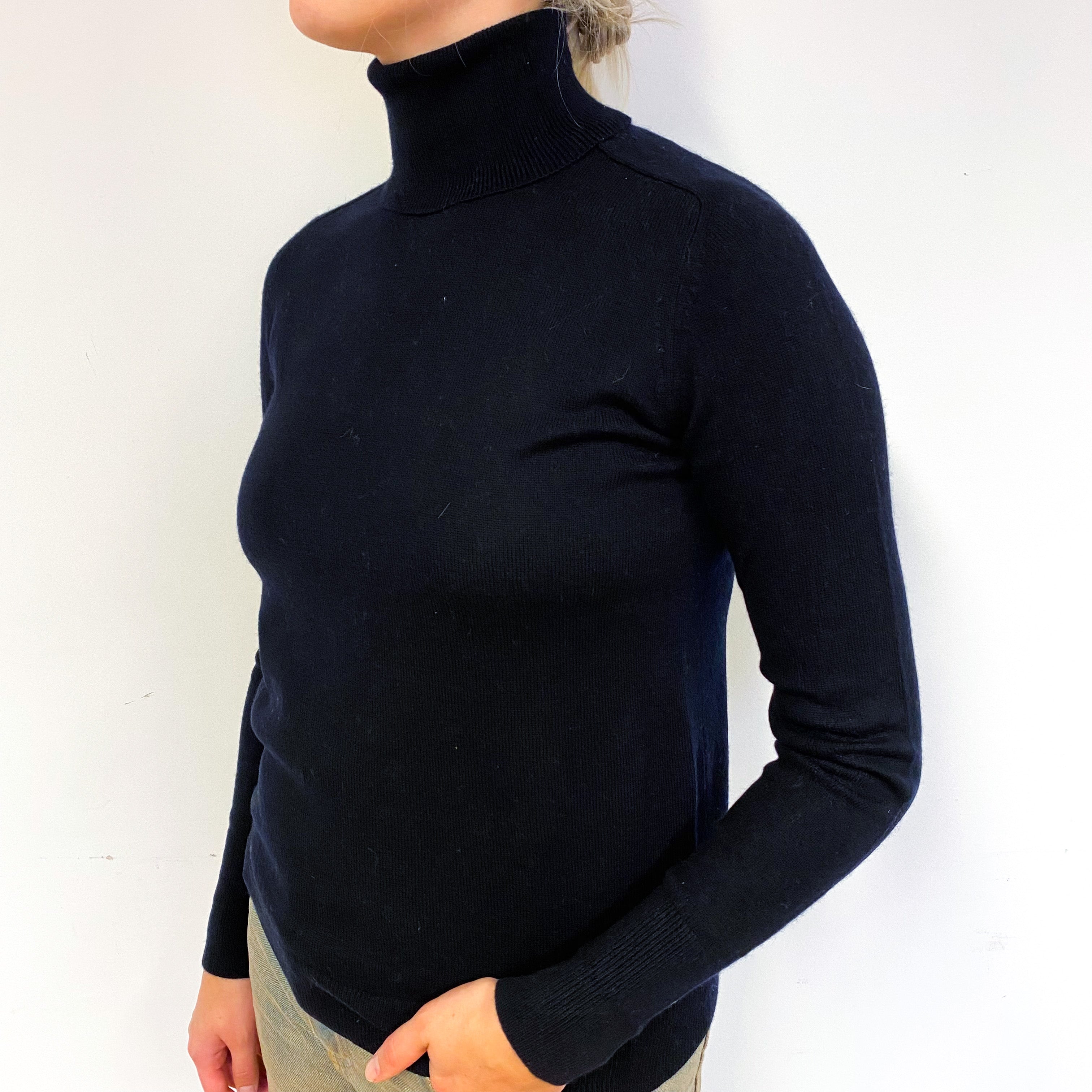 Darkest Navy Blue Cashmere Polo Neck Jumper Small