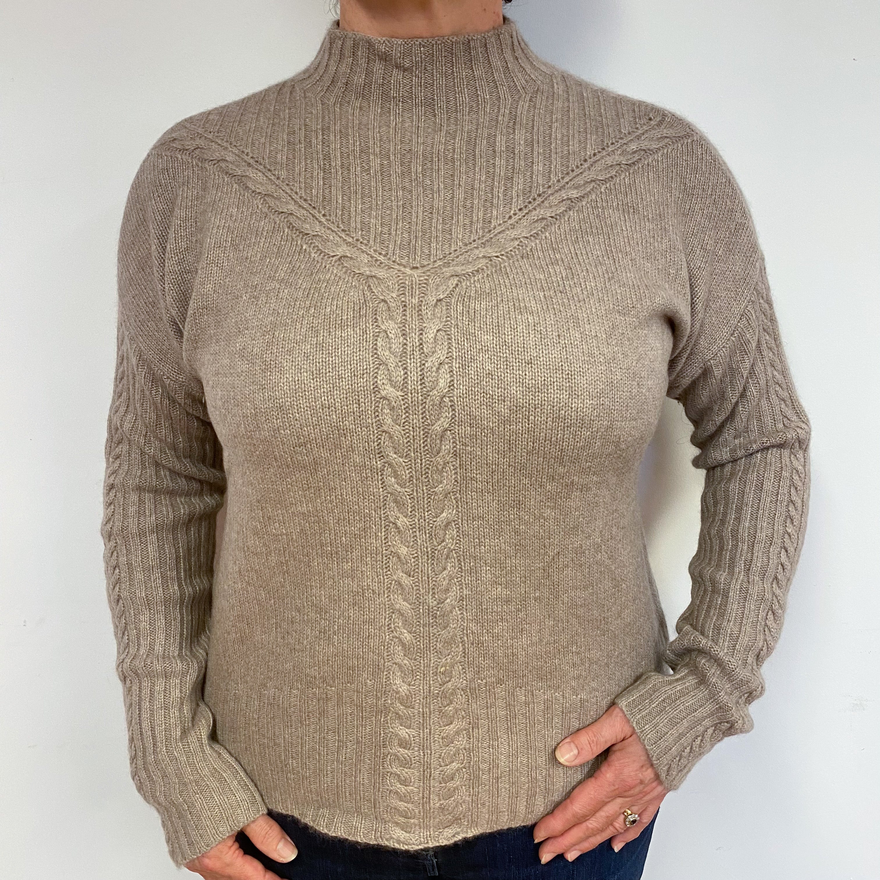 Fawn Beige Cashmere Polo Neck Jumper Large