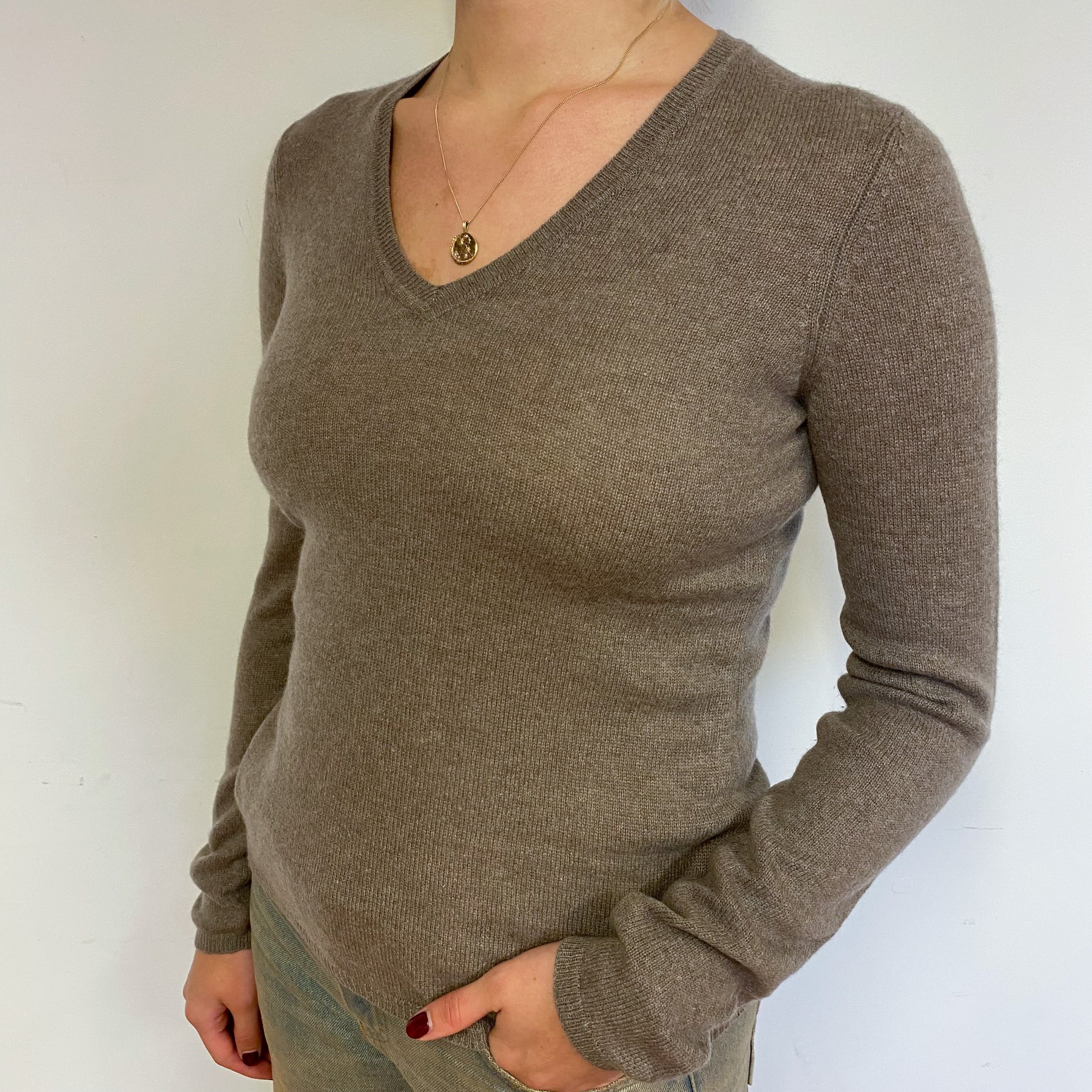 Mink Brown Cashmere V-Neck Jumper Small