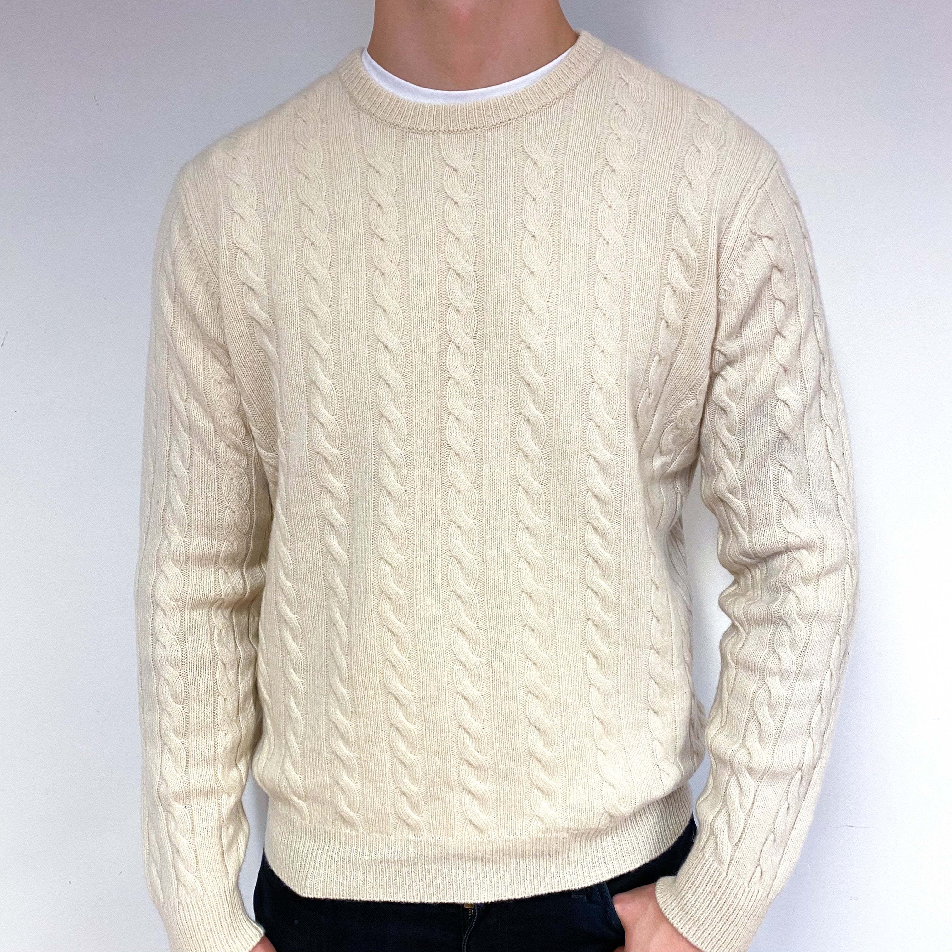Men's Cream Cable Cashmere Crew Neck Jumper Extra Large