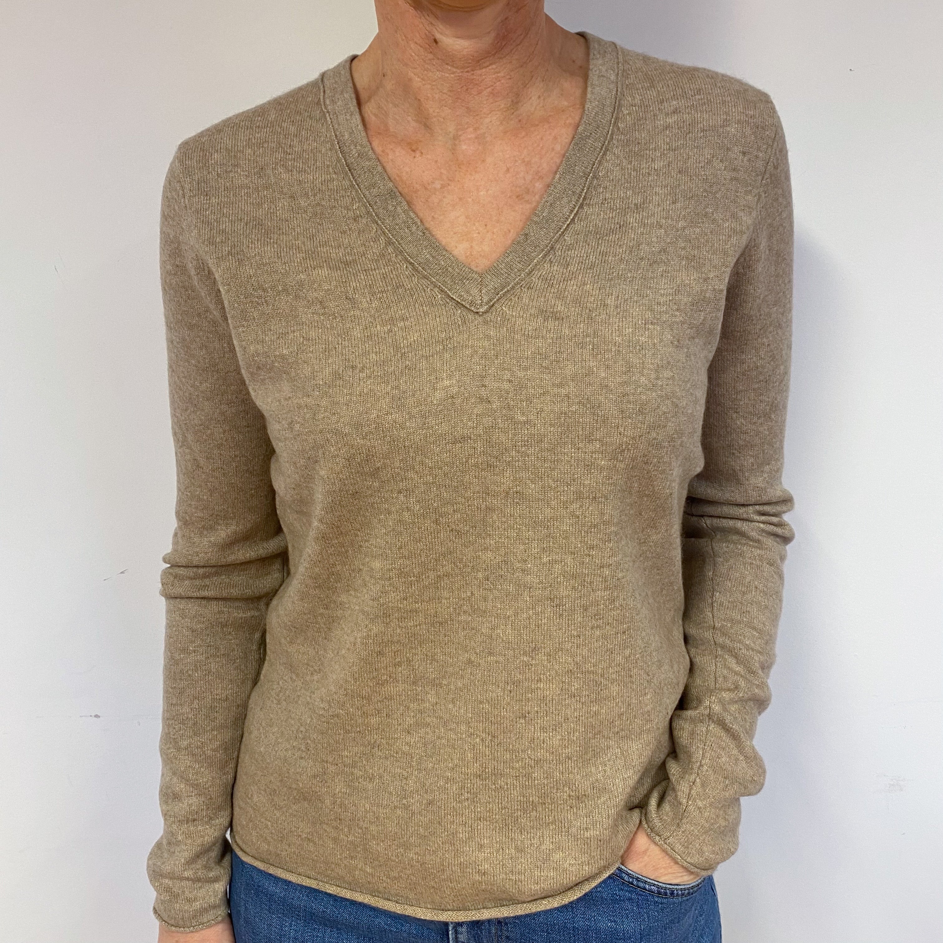 Fawn Beige Cashmere V-Neck Jumper Medium