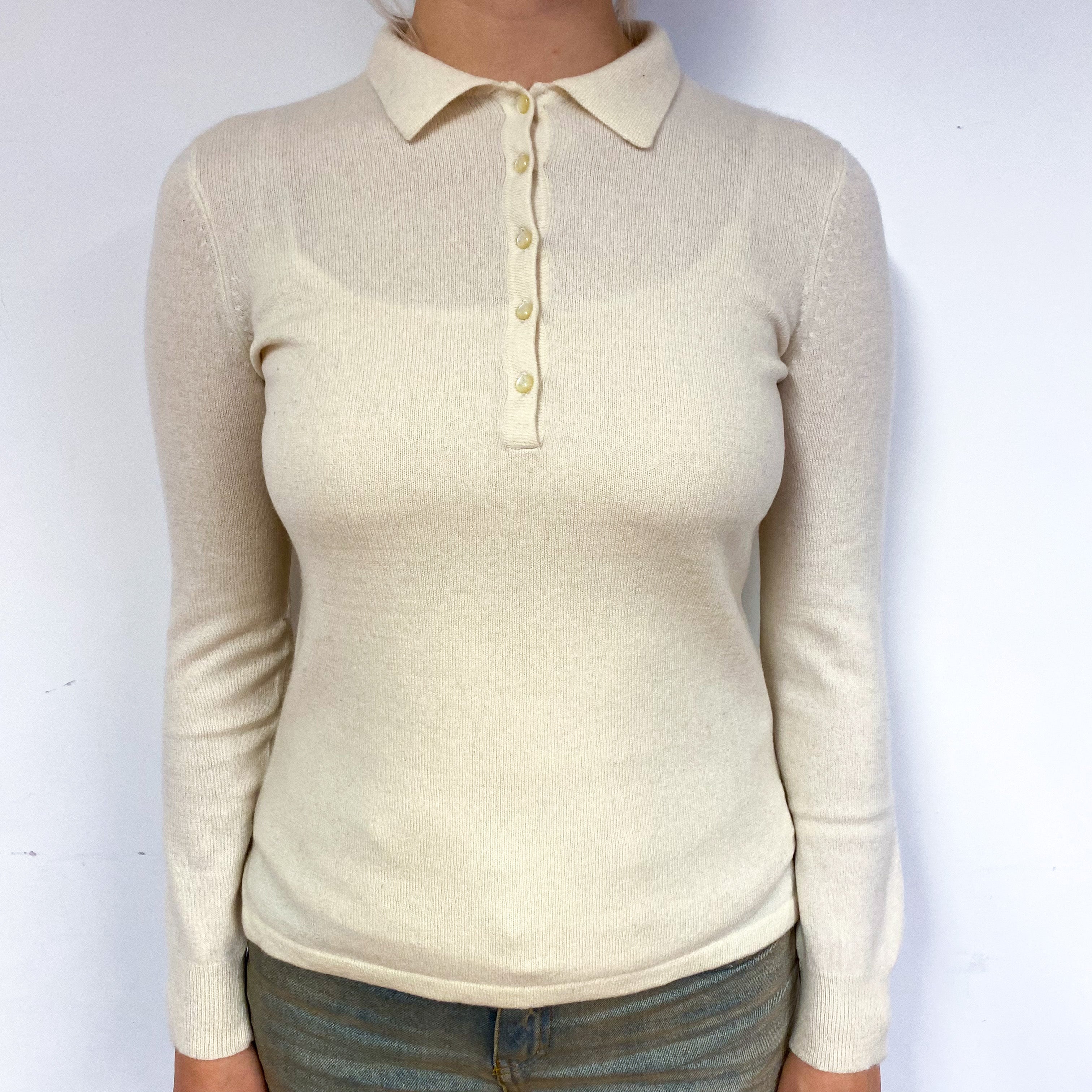 Ralph Lauren Cream Cashmere Collared Button Jumper Small