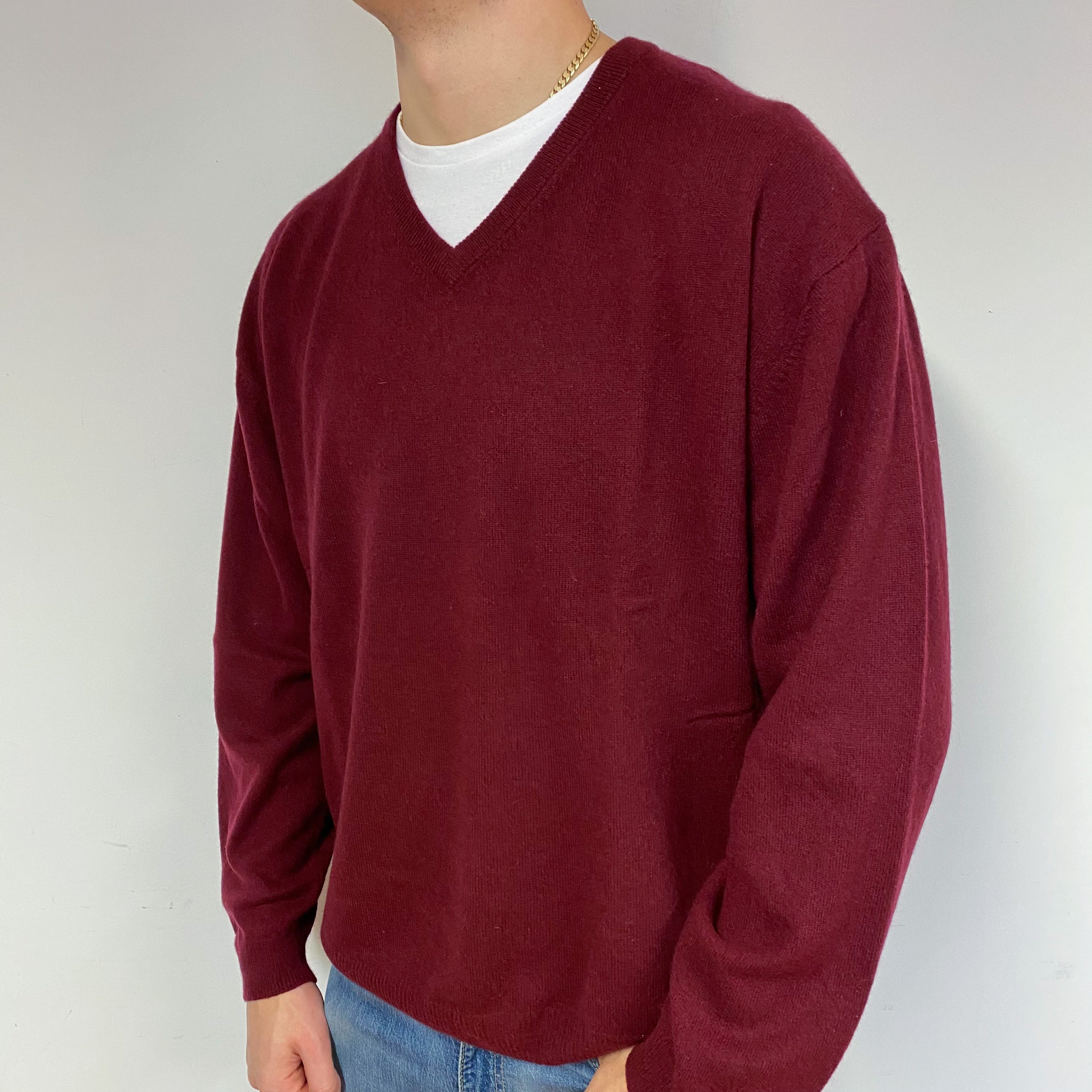 Men's Claret Cashmere V-Neck Jumper XXL