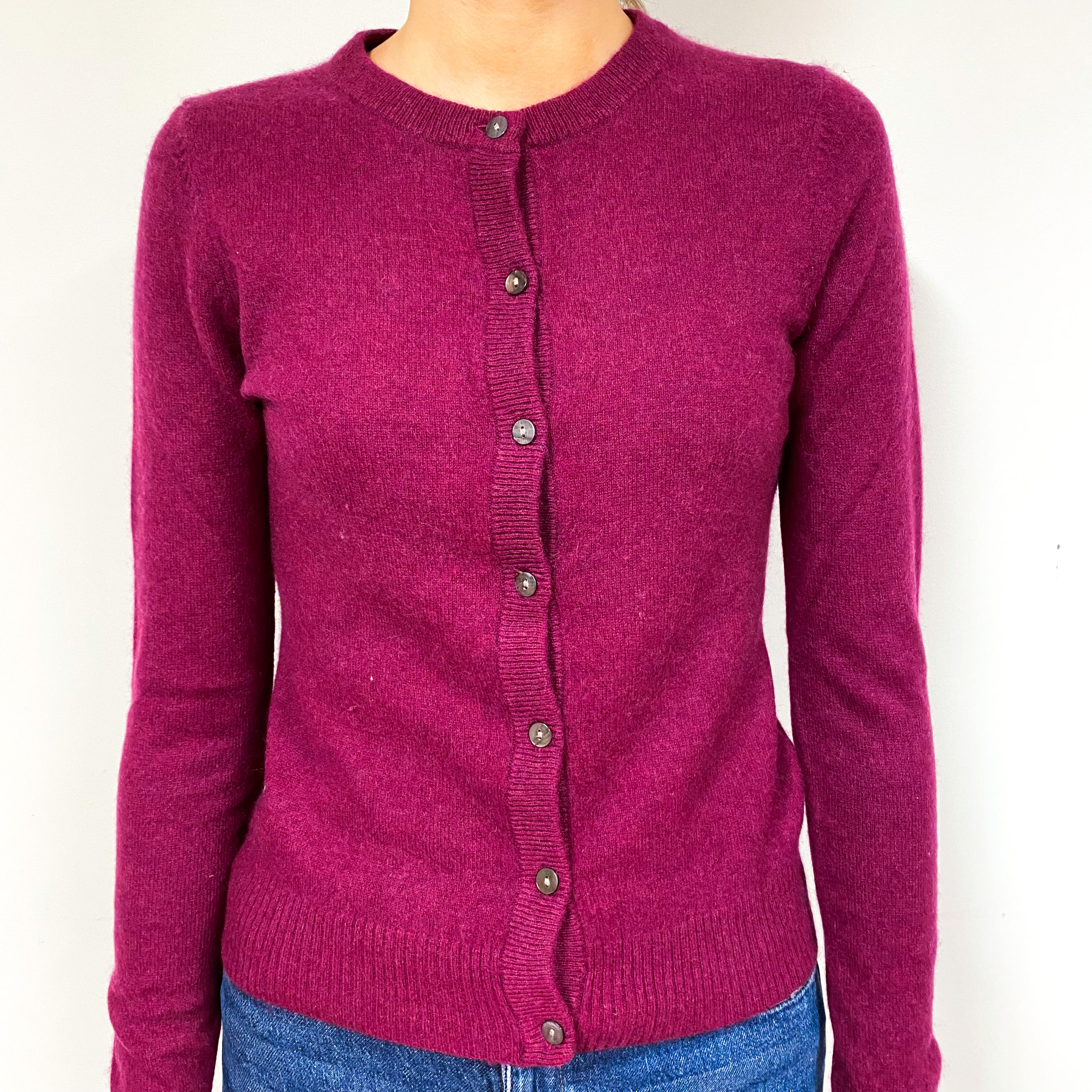 Plum Purple Cashmere Crew Neck Cardigan Extra Small