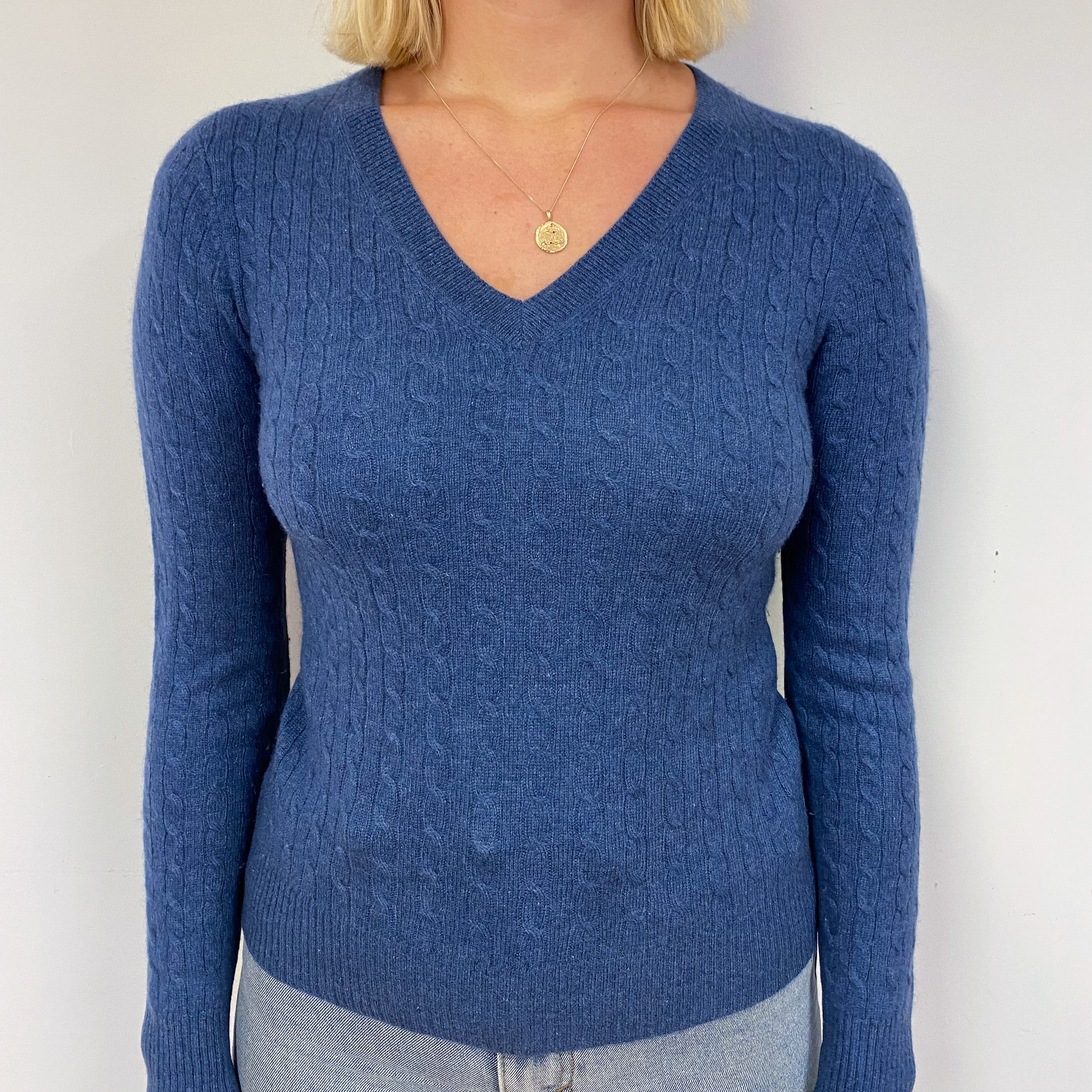 Naval Blue Cable Cashmere V-Neck Jumper Small