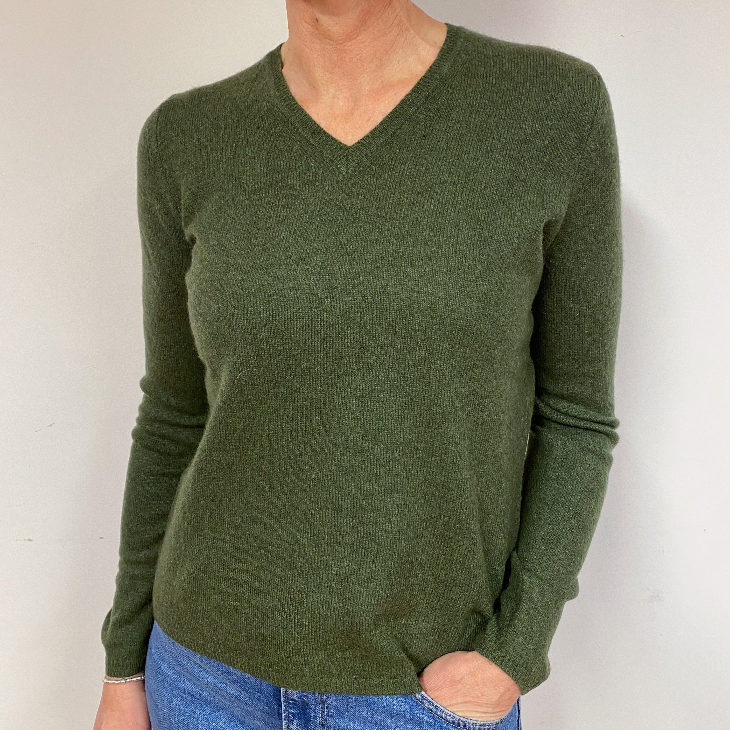 Seaweed Green Cashmere V-Neck Jumper Medium