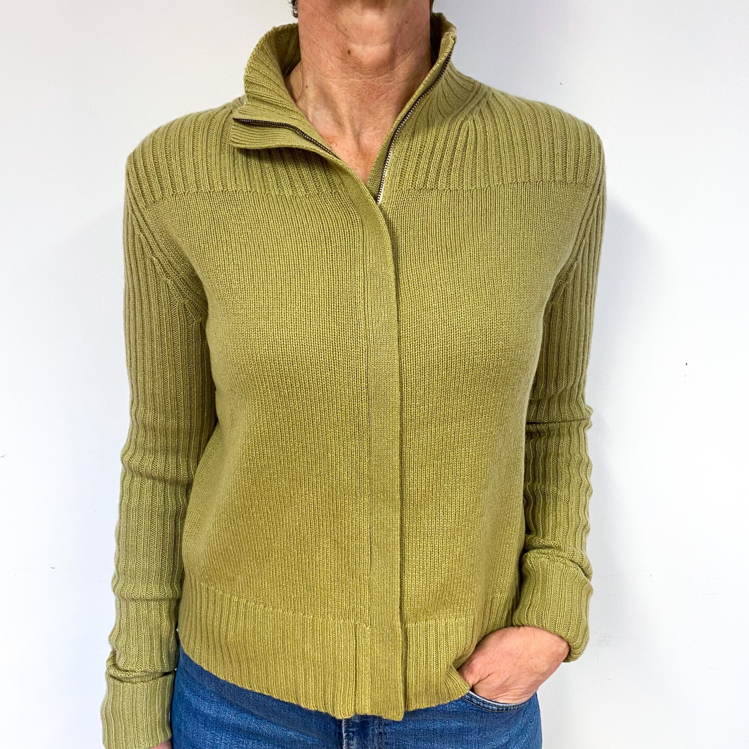 Olive Green Cashmere Zip Front Cardigan Medium