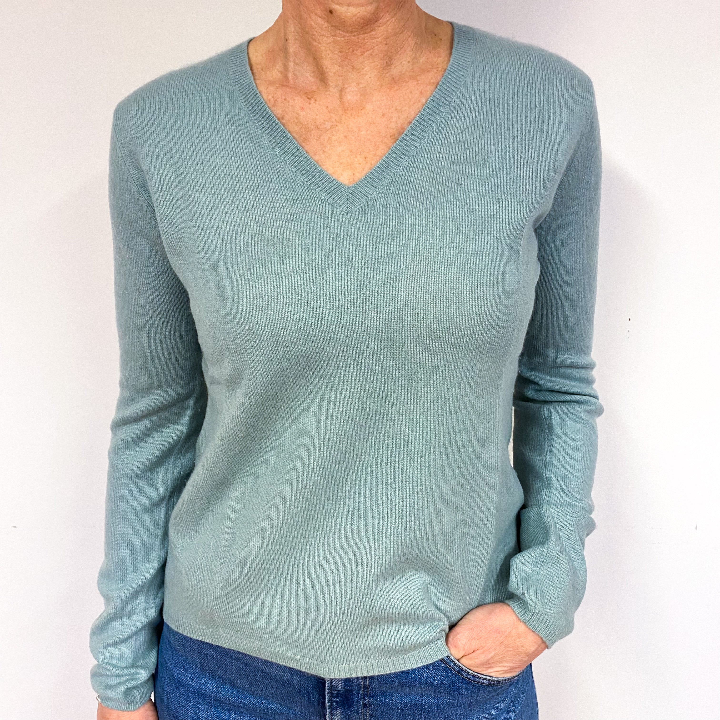 Duck Egg Green Cashmere V-Neck Jumper Medium