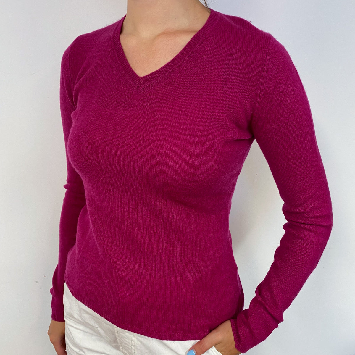 Magenta Pink V Neck Cashmere Jumper Small