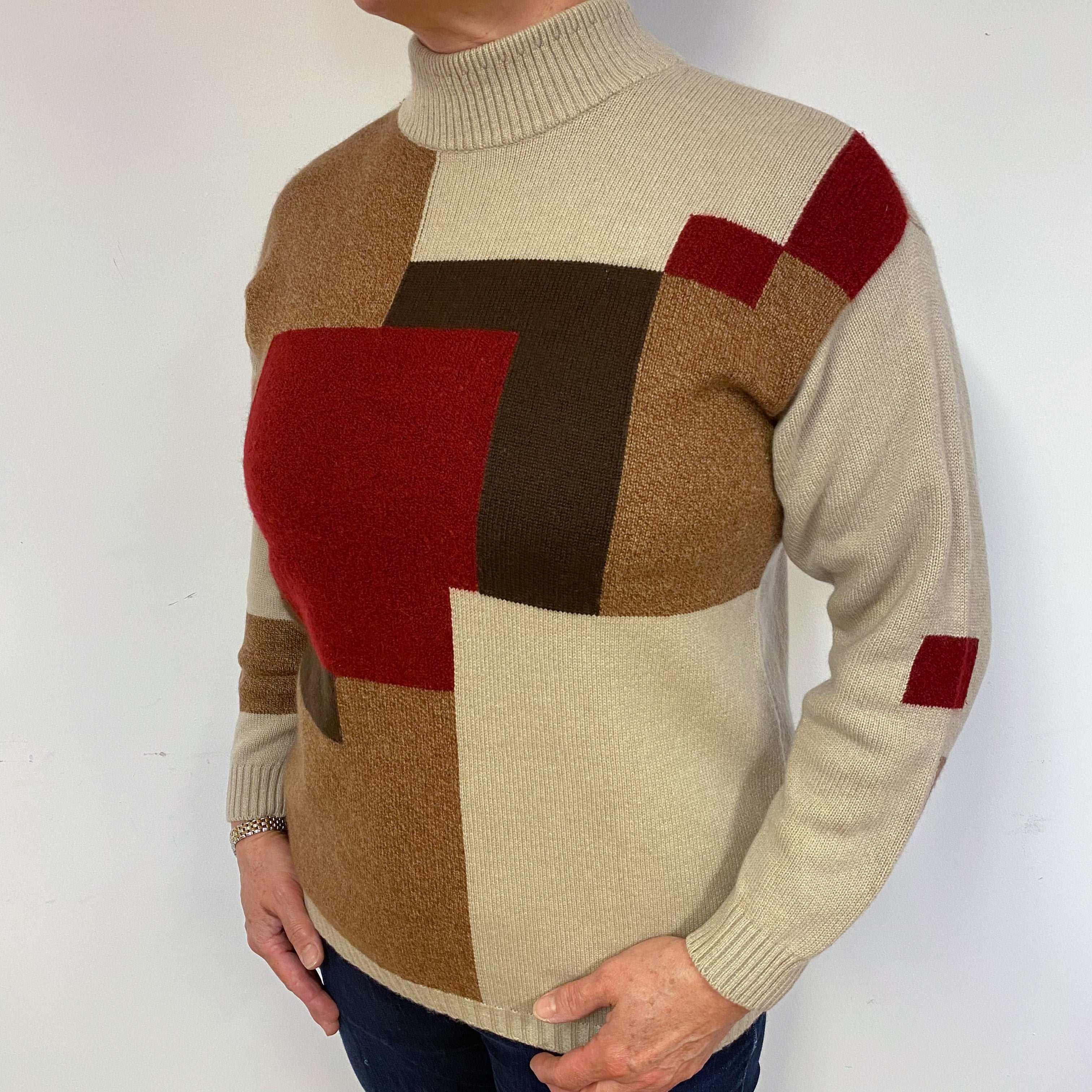 Vintage Fawn and Brown Colour Block Cashmere Jumper Large