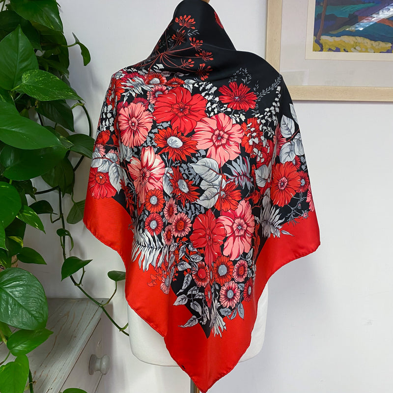 Large Red Floral Vintage Silk Scarf