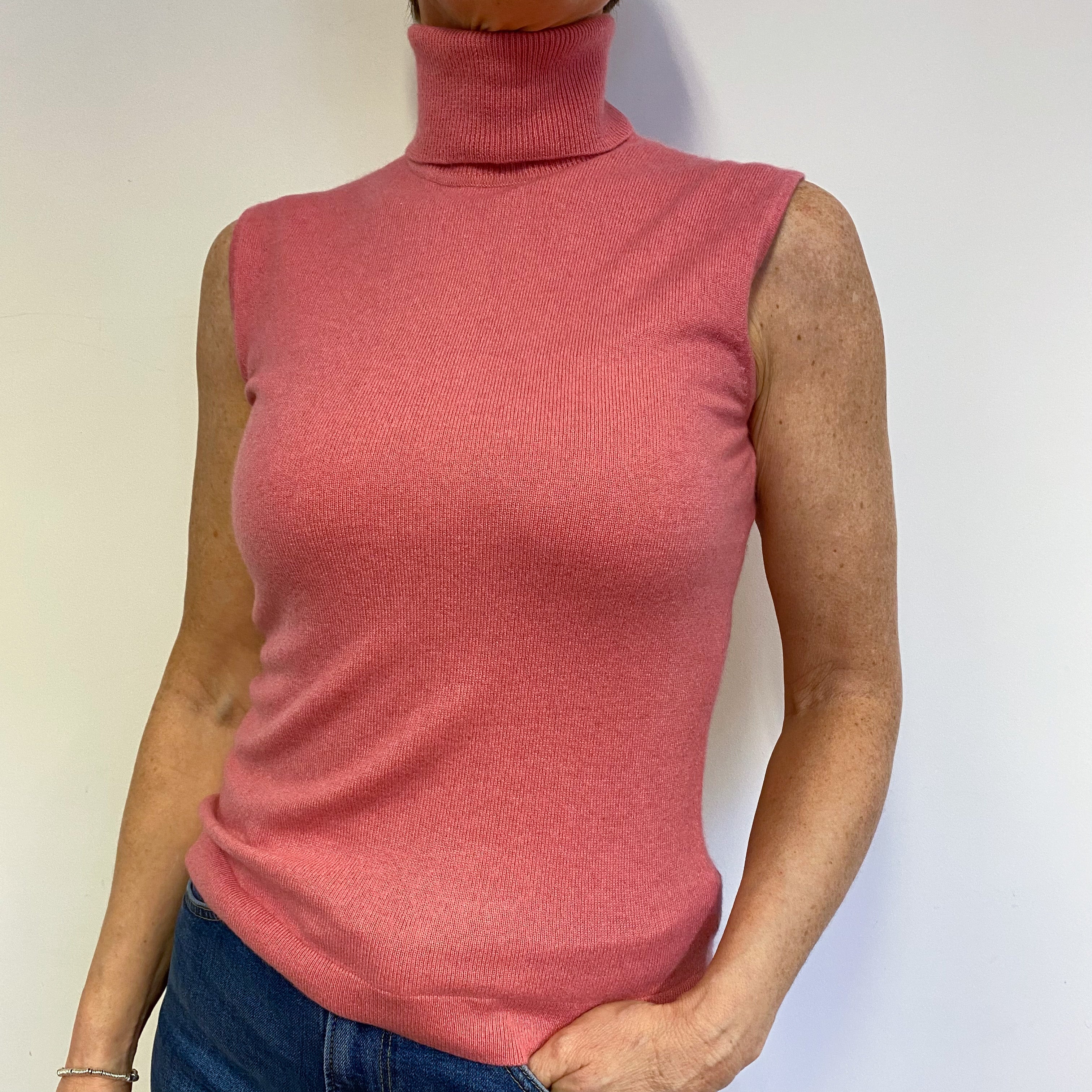 Soft Rose Pink Sleeveless Slim Polo Neck Jumper M