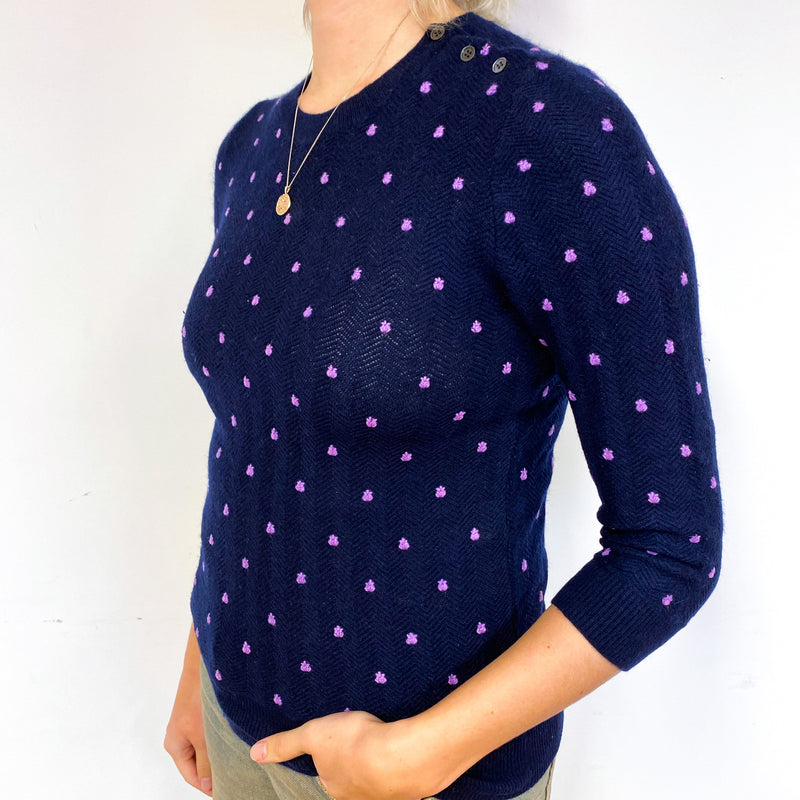 Navy Blue and Lilac Polka Dot Crew Neck Jumper Small